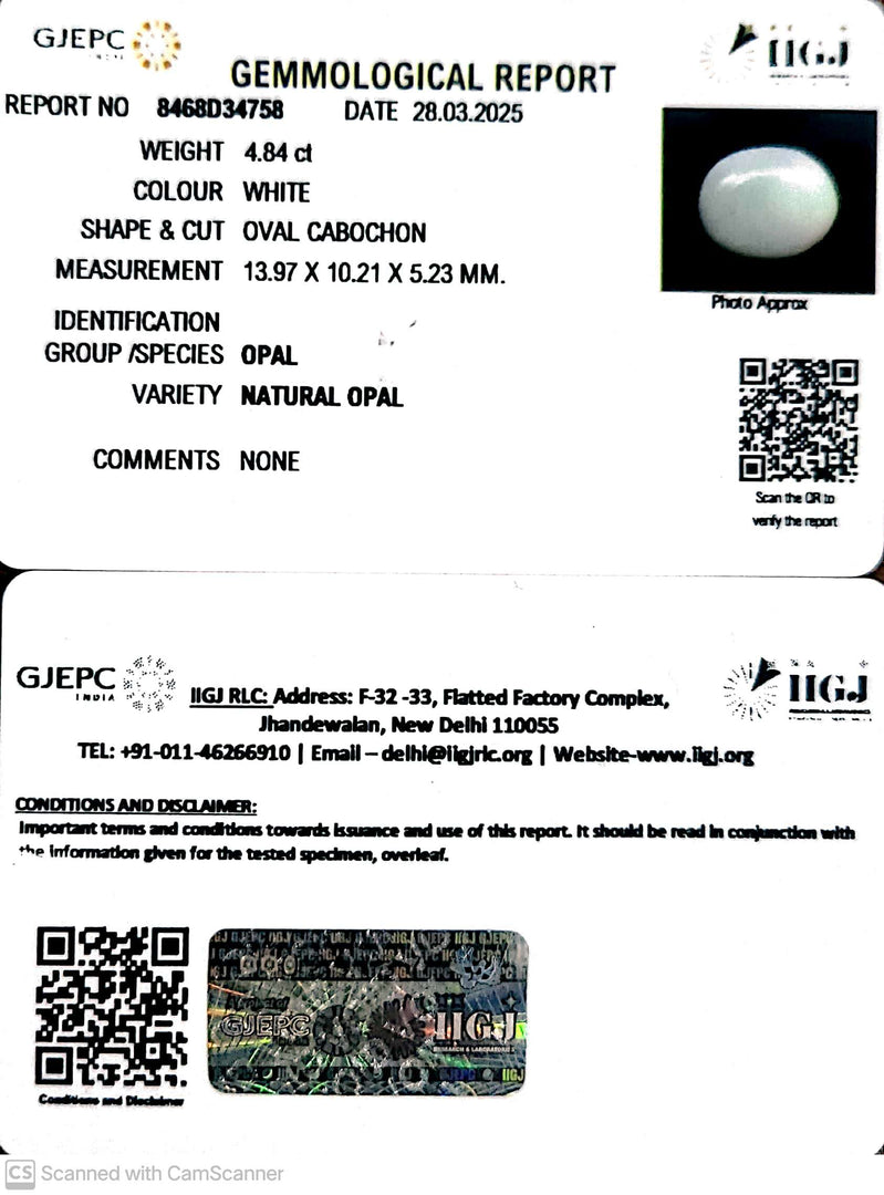 4.84/CT Natural Opal with Govt. Lab Certificate