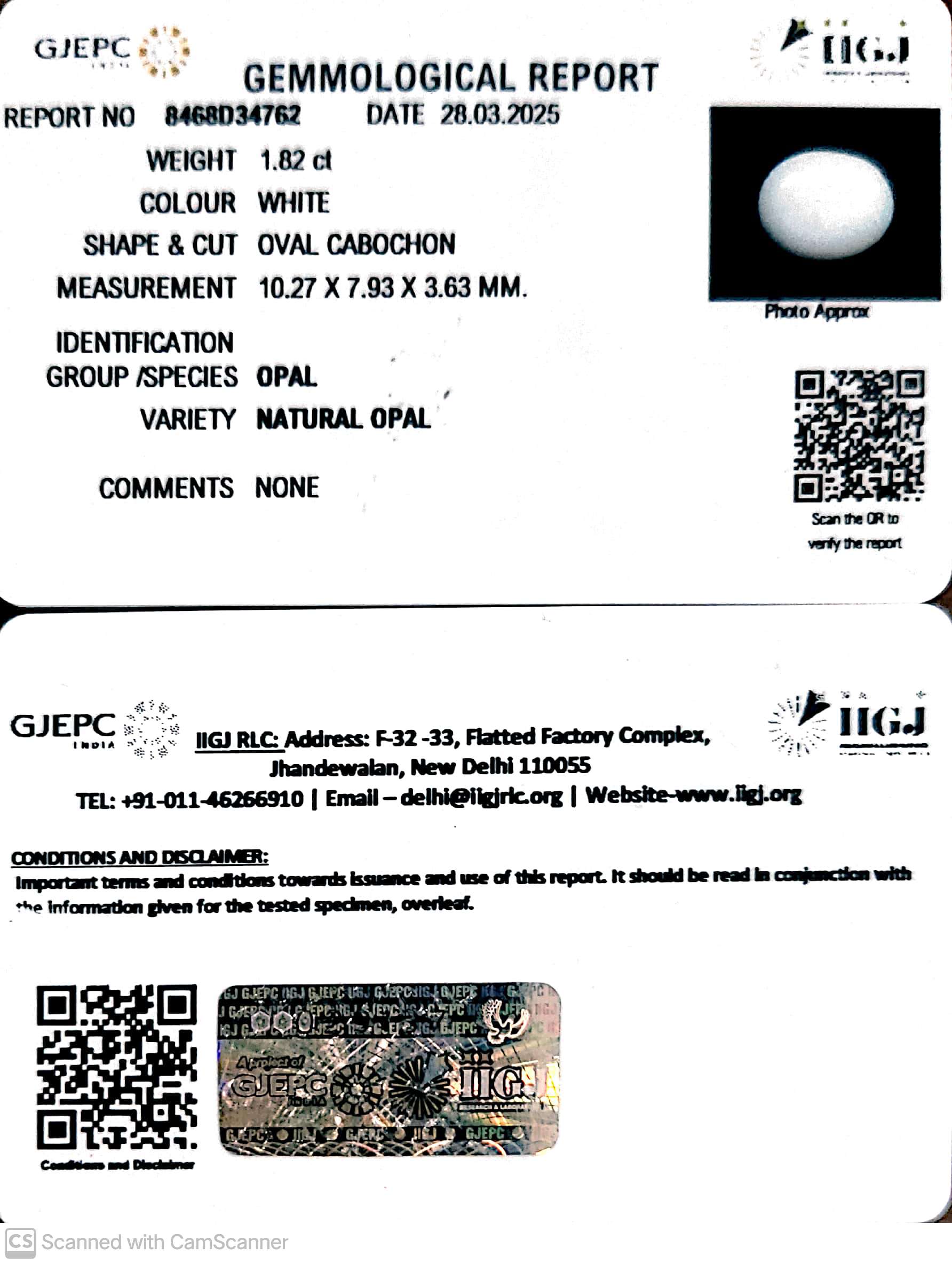 1.82/CT Natural Opal with Govt. Lab Certificate