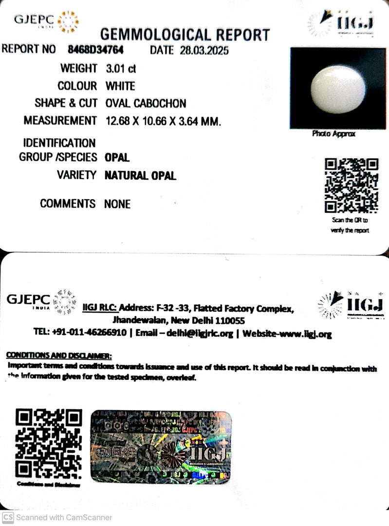 3.01/CT Natural Opal with Govt. Lab Certificate