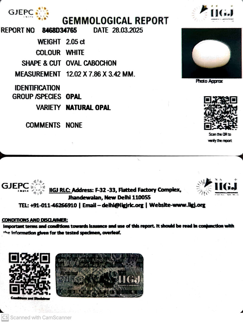 2.05/CT Natural Opal with Govt. Lab Certificate