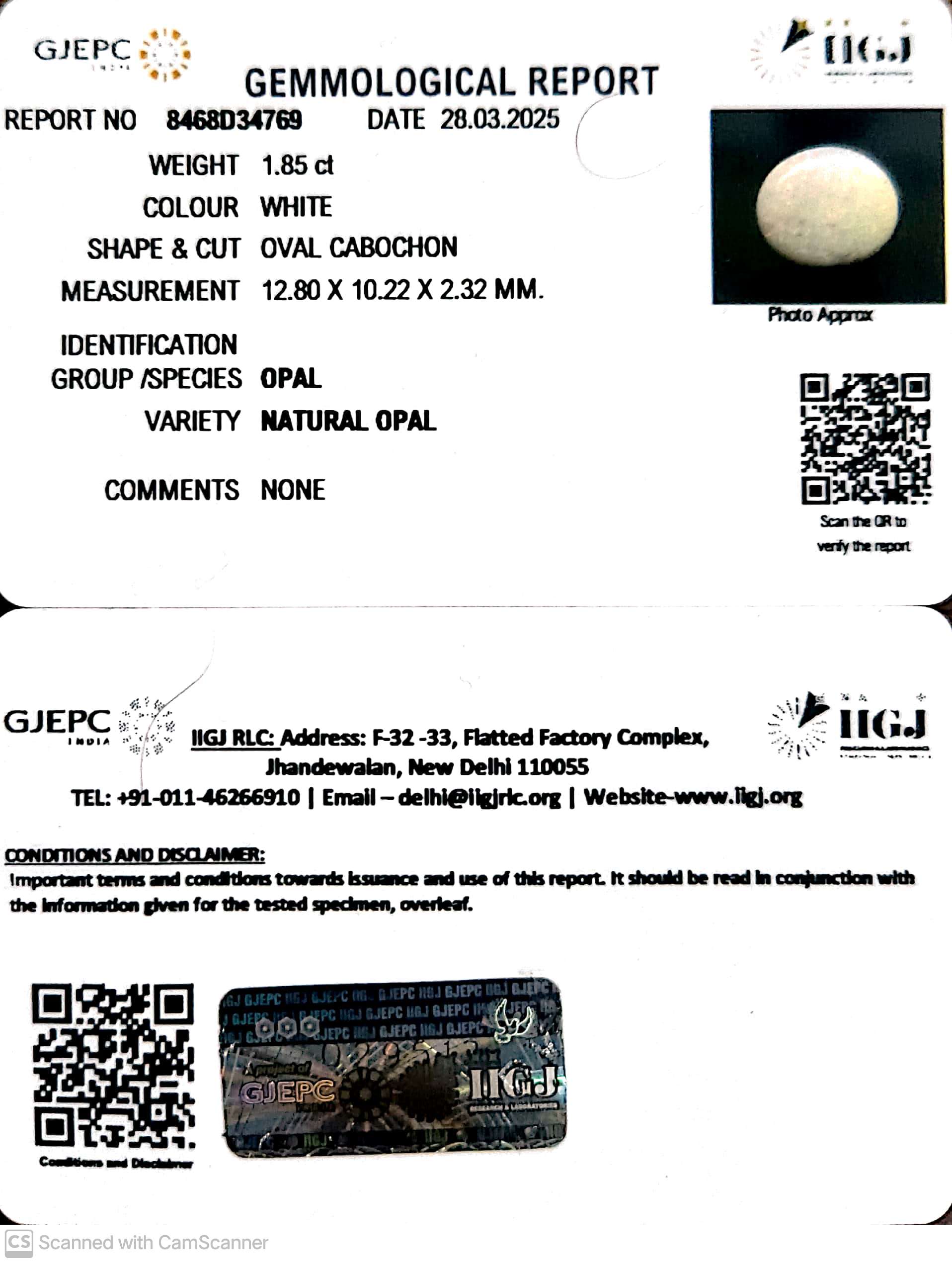 1.85/CT Natural Opal with Govt. Lab Certificate