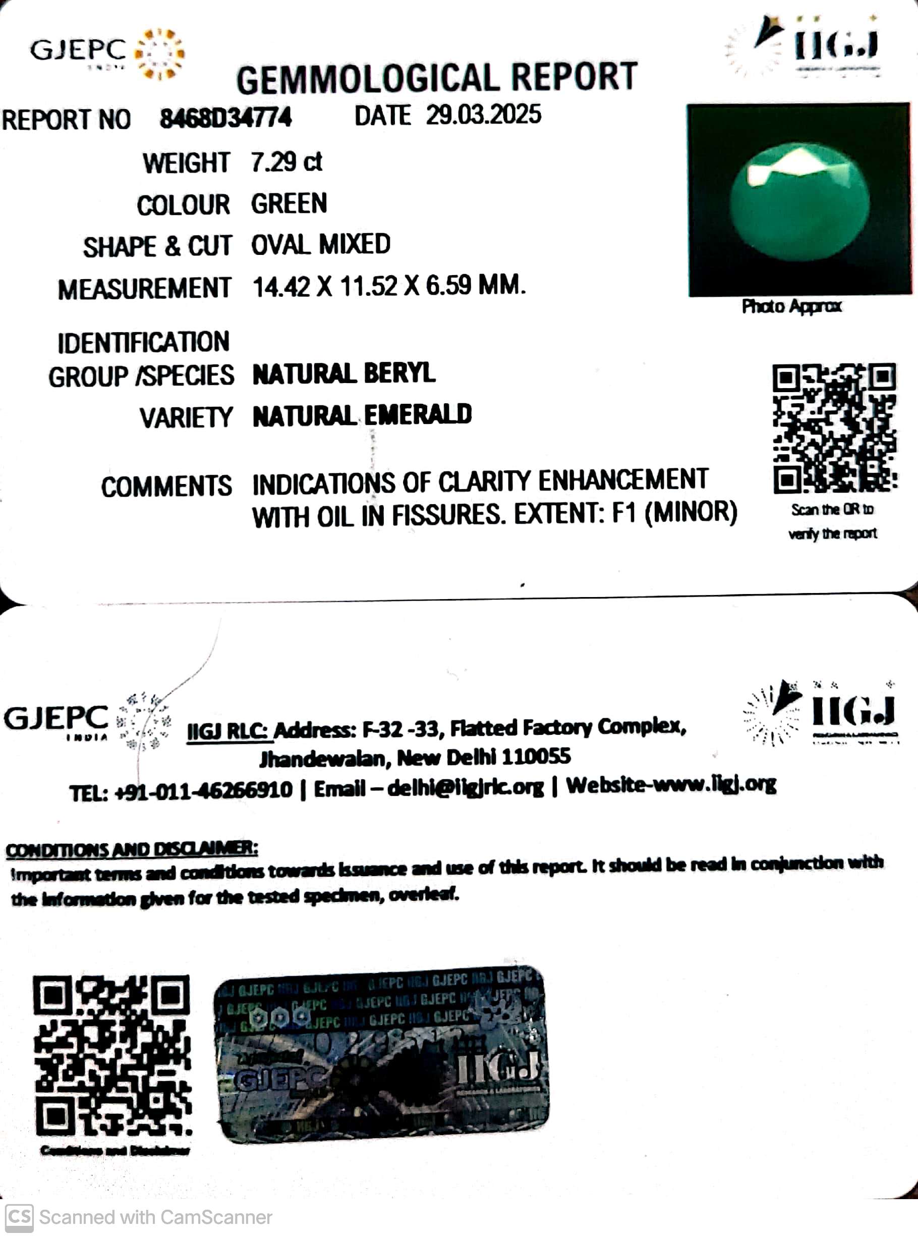 7.29/CT Natural Panna Stone with Govt. Lab Certificate (2331)