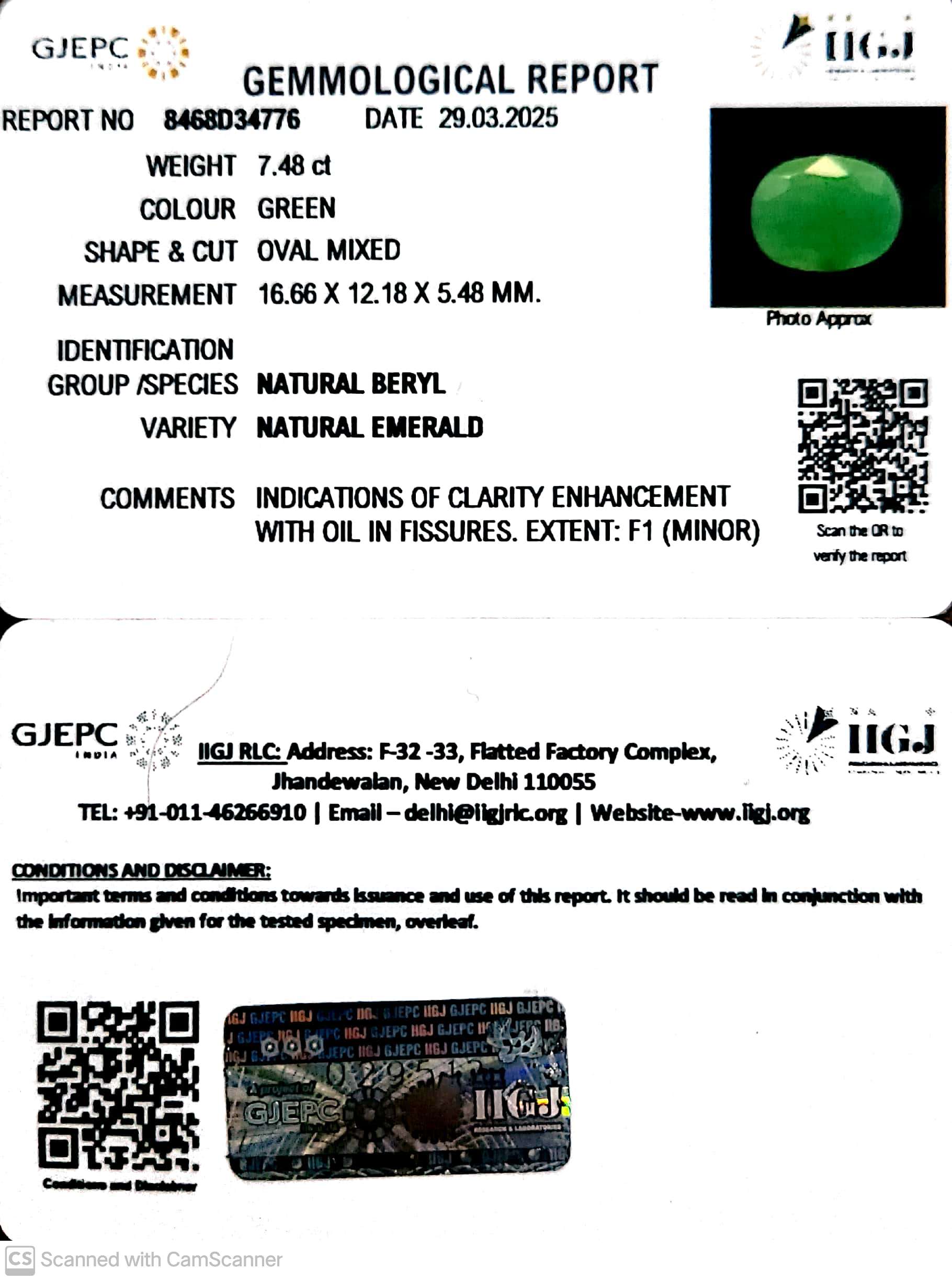7.48/CT Natural Panna Stone with Govt. Lab Certificate (3441)