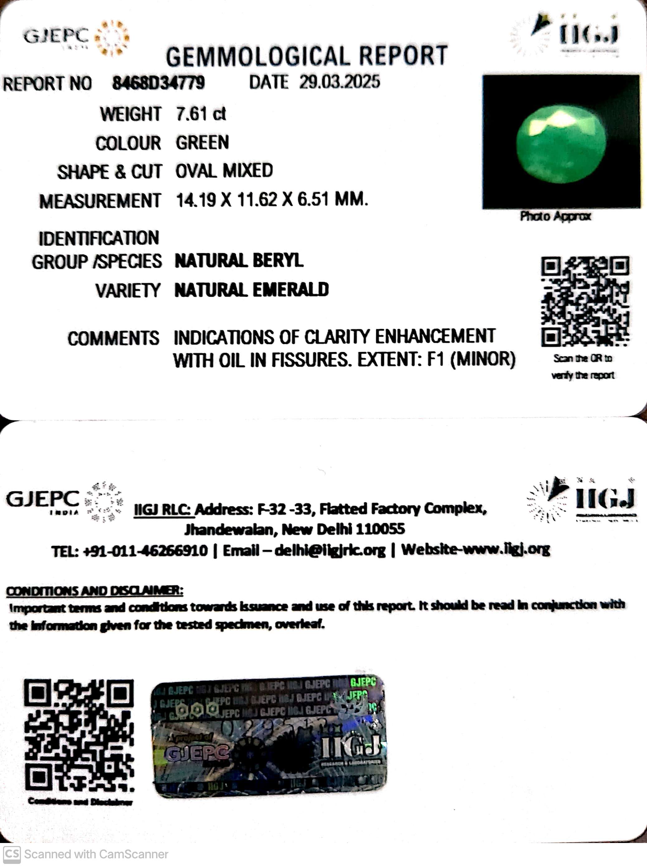 7.61/CT Natural Panna Stone with Govt. Lab Certificate (1665)