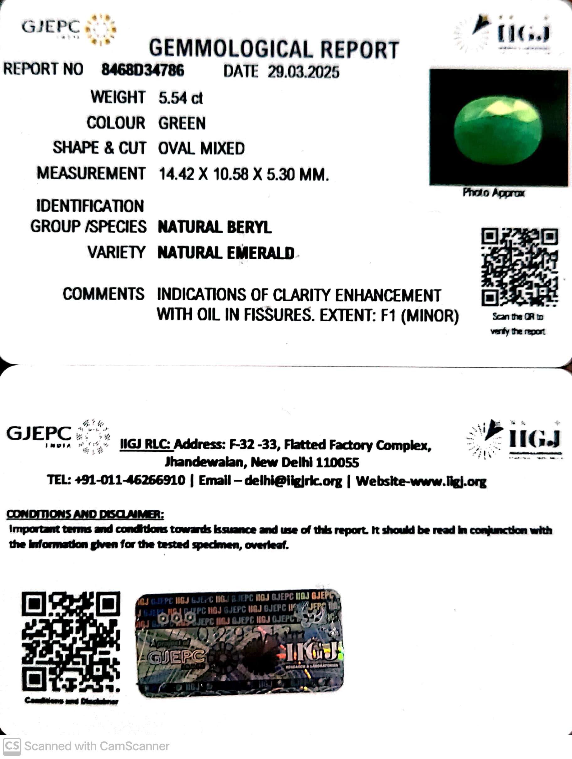 5.54/CT Natural Panna Stone with Govt. Lab Certificate (4551)