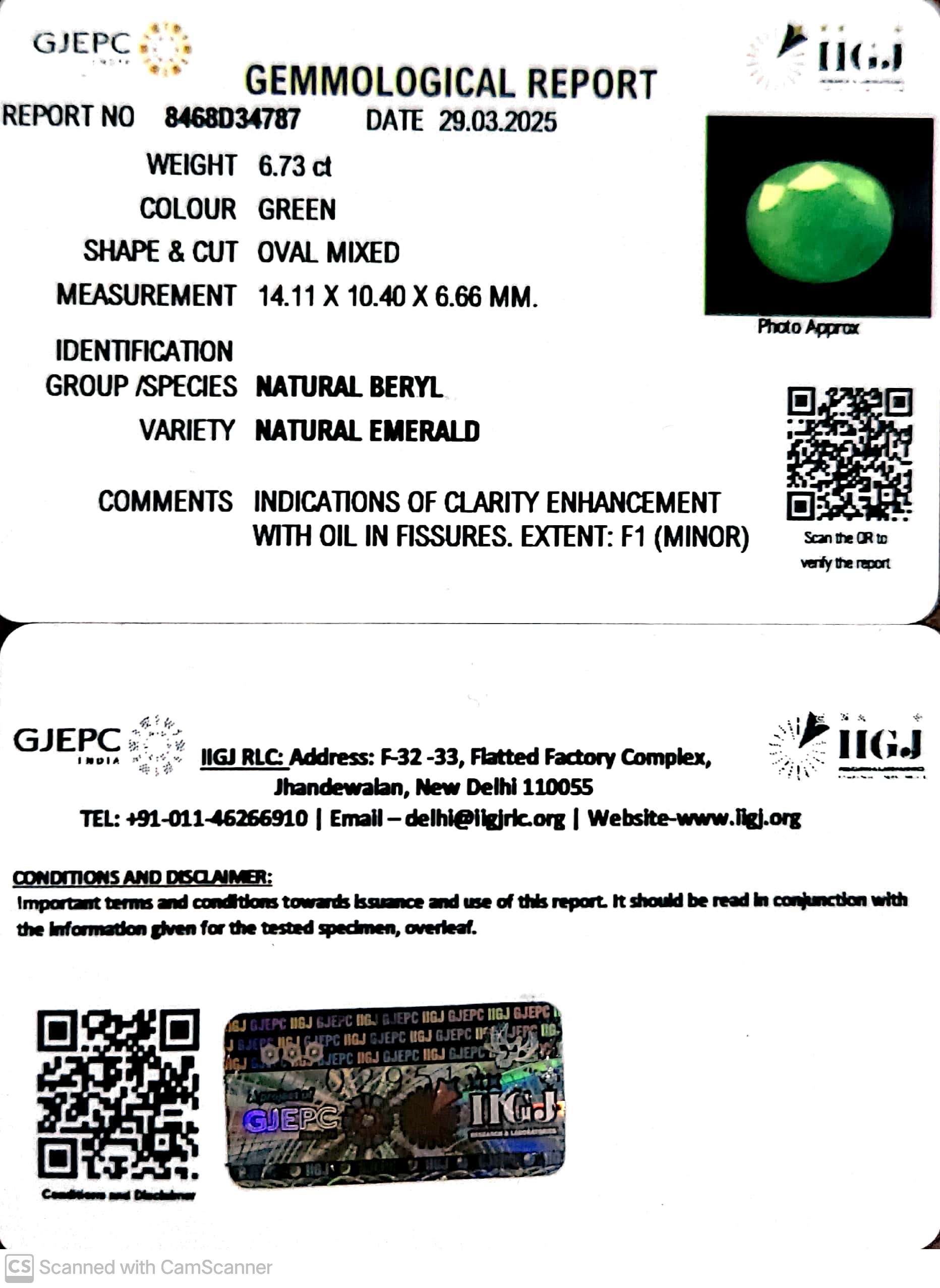 6.73/CT Natural Panna Stone with Govt. Lab Certificate (1221)