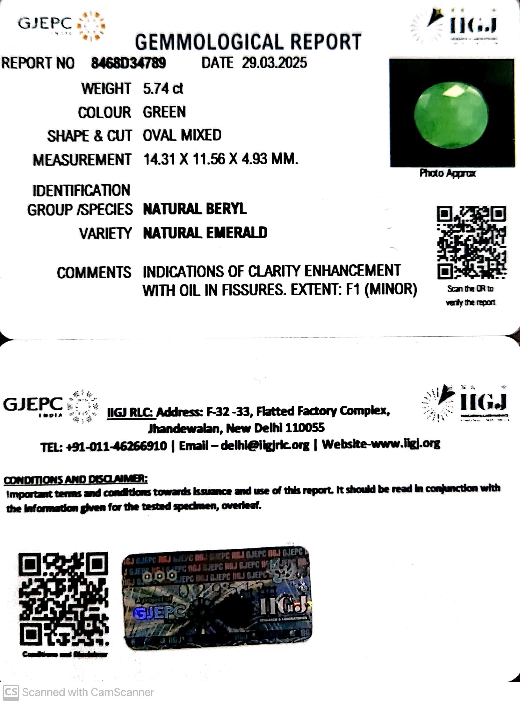 5.74/CT Natural Panna Stone with Govt. Lab Certificate (2331)