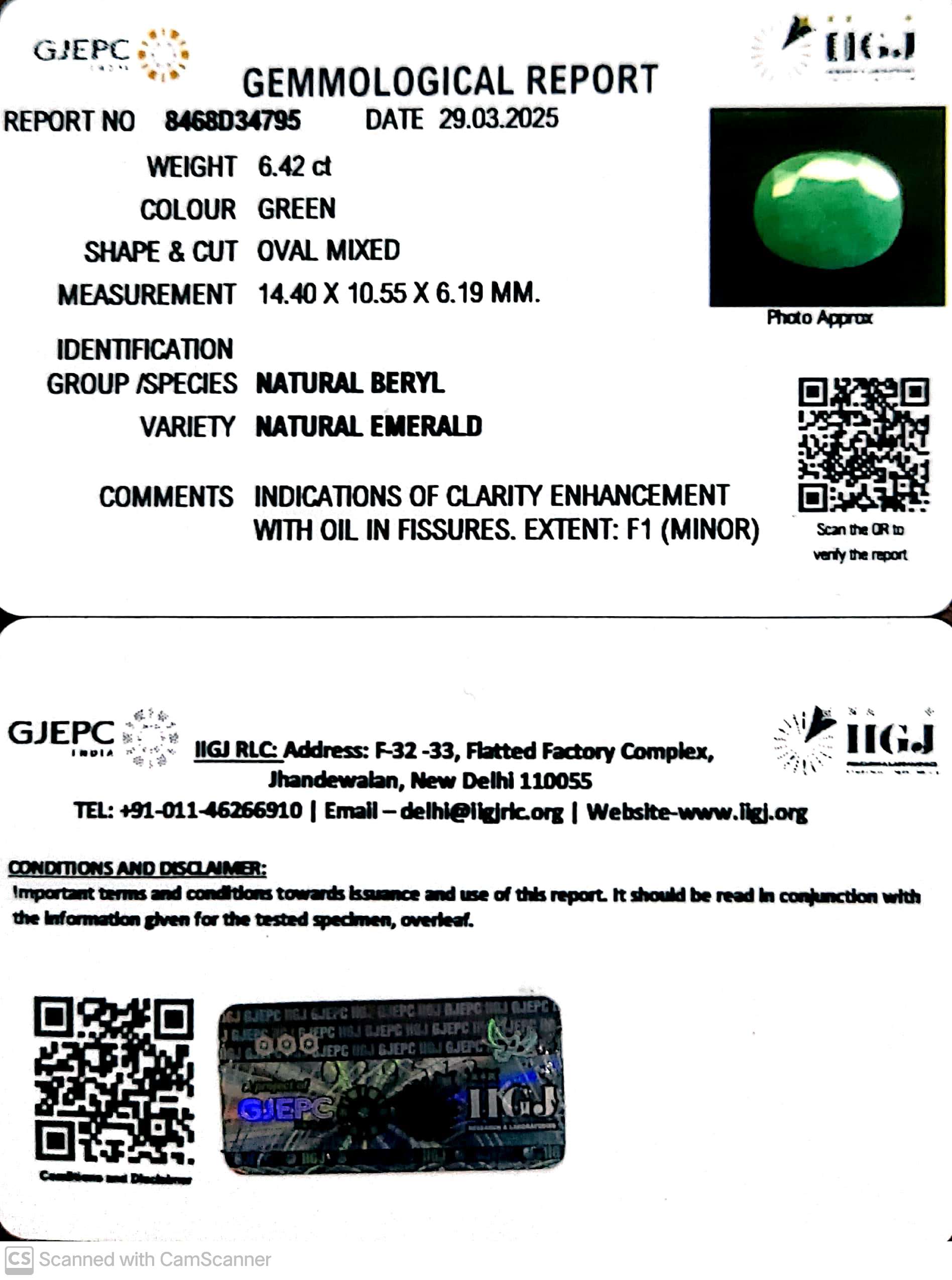 6.42/CT Natural Panna Stone with Govt. Lab Certificate