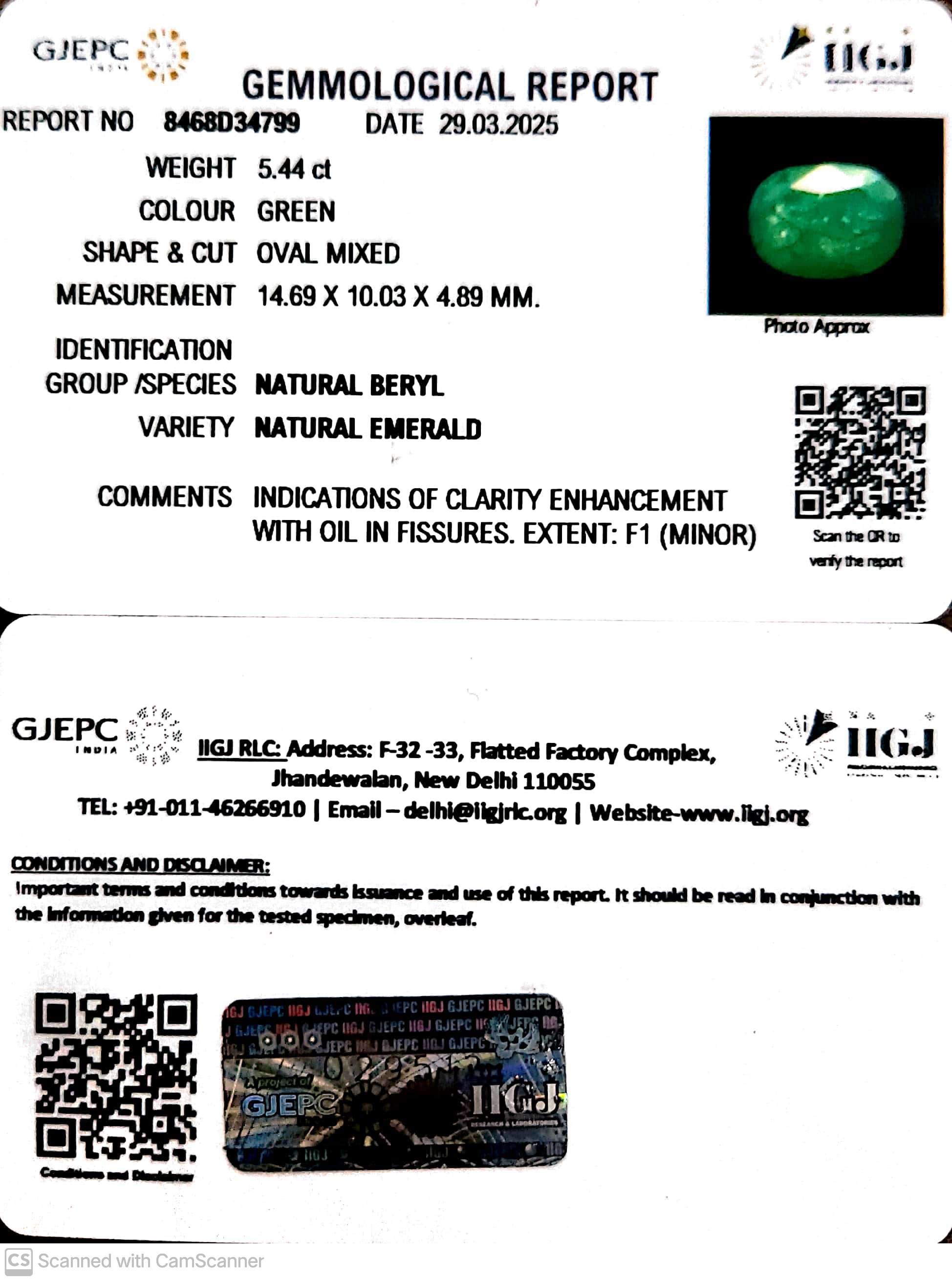 5.44/CT Natural Panna Stone with Govt. Lab Certificate
