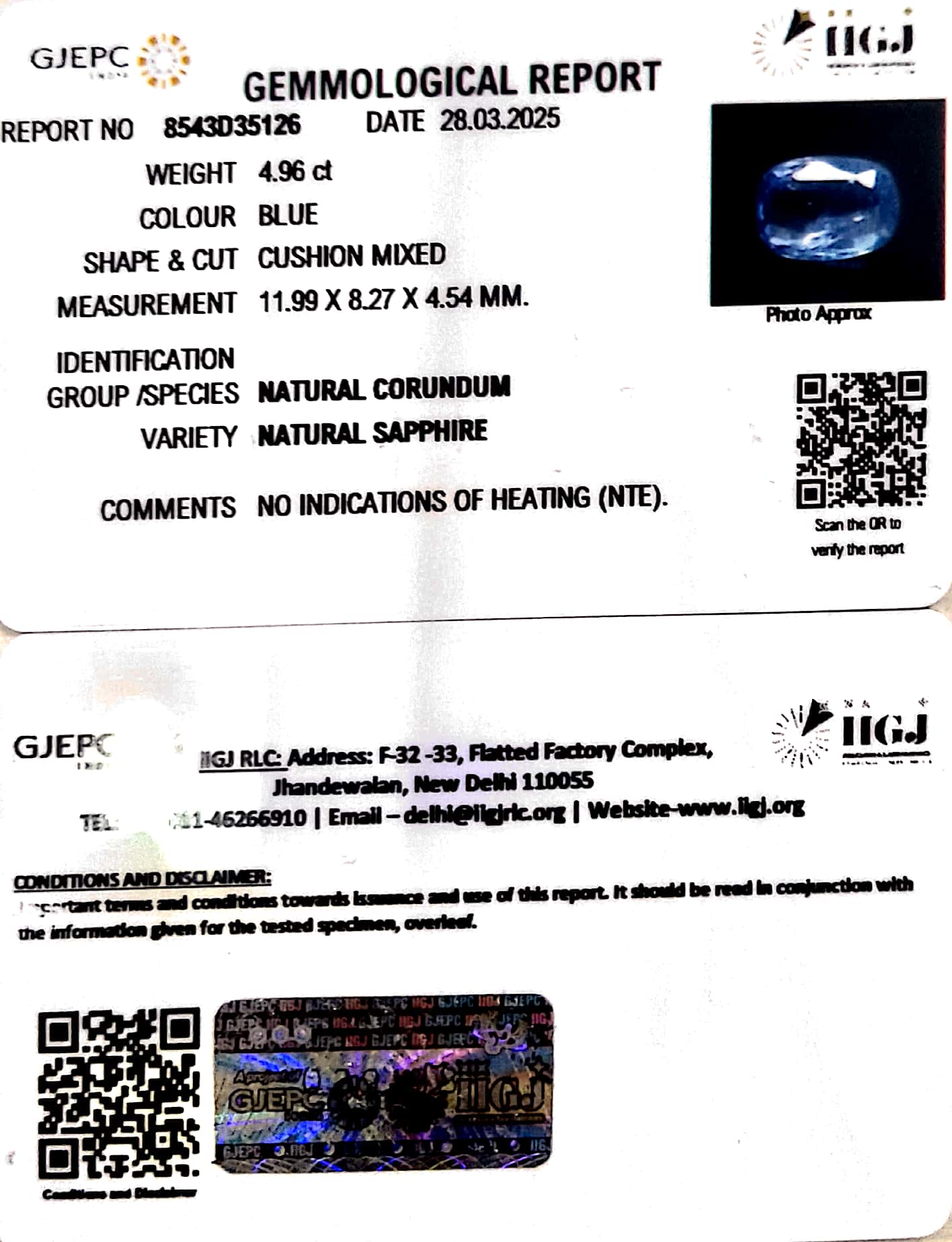 4.96/CT Natural Blue Sapphire With Govt Lab Certificate