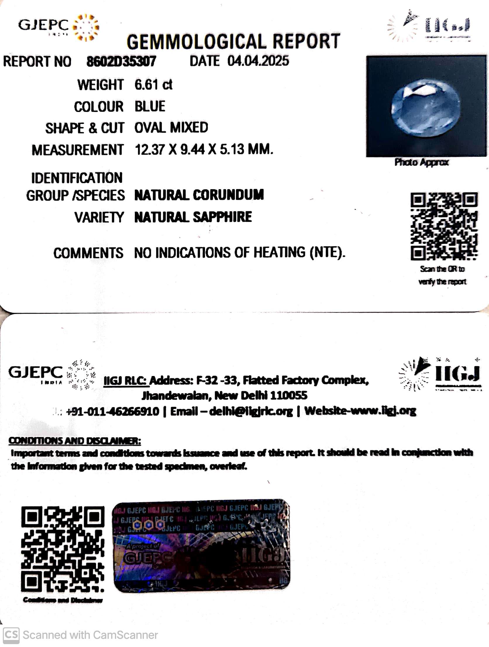 6.61/CT Natural Blue Sapphire With Govt Lab Certificate