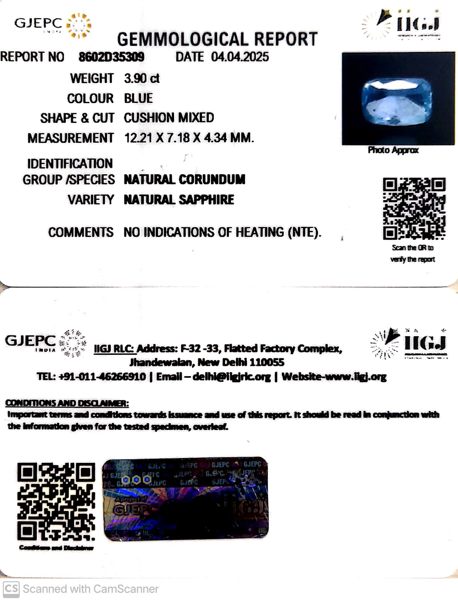 3.9/CT Natural Blue Sapphire With Govt Lab Certificate