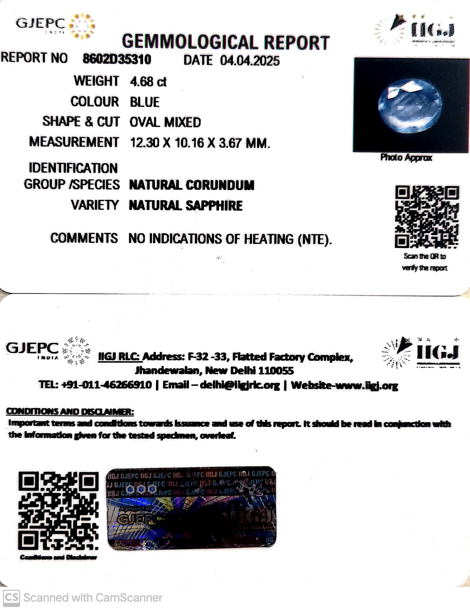 4.68/CT Natural Blue Sapphire With Govt Lab Certificate