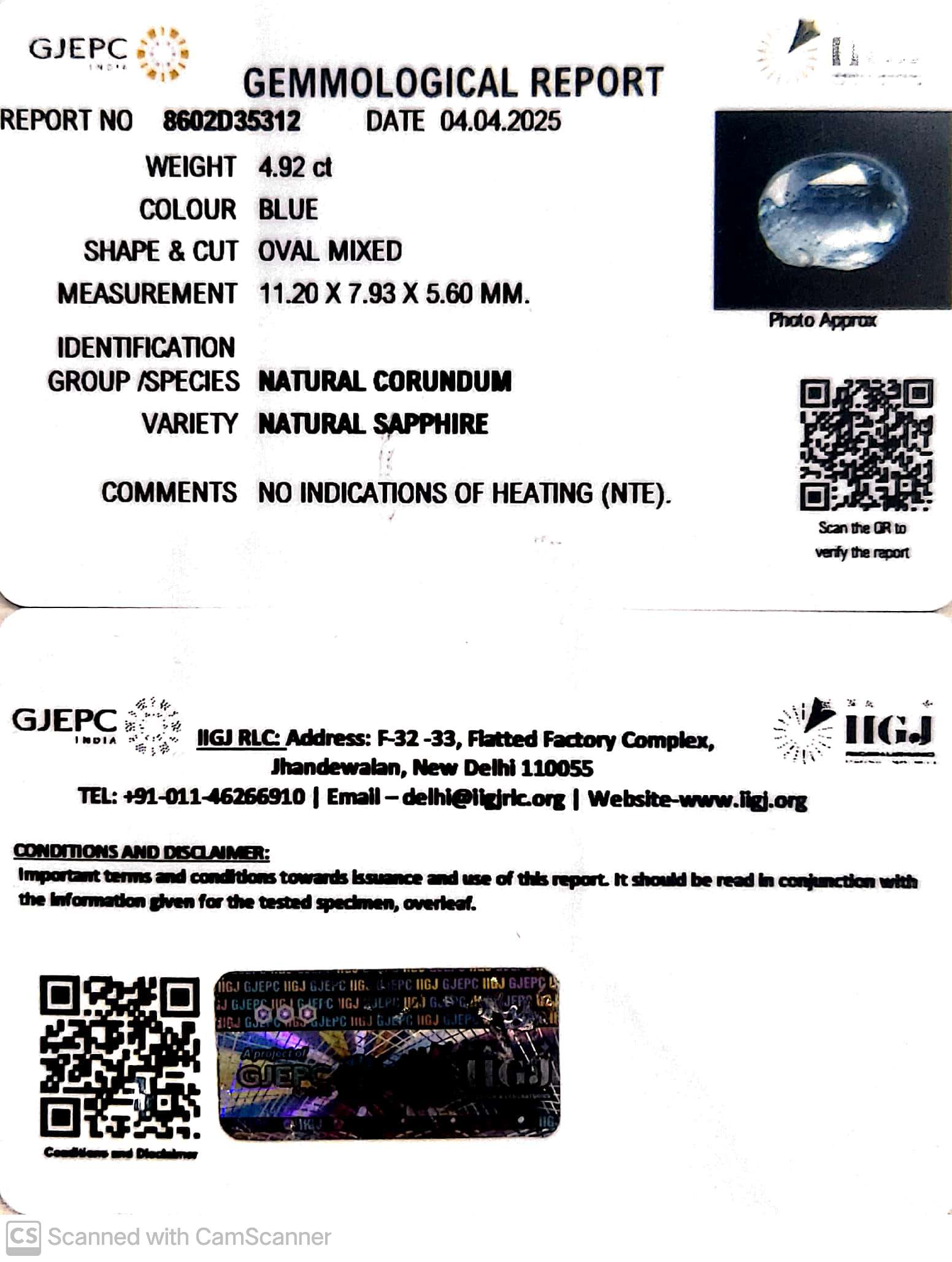 4.92/CT Natural Blue Sapphire With Govt Lab Certificate