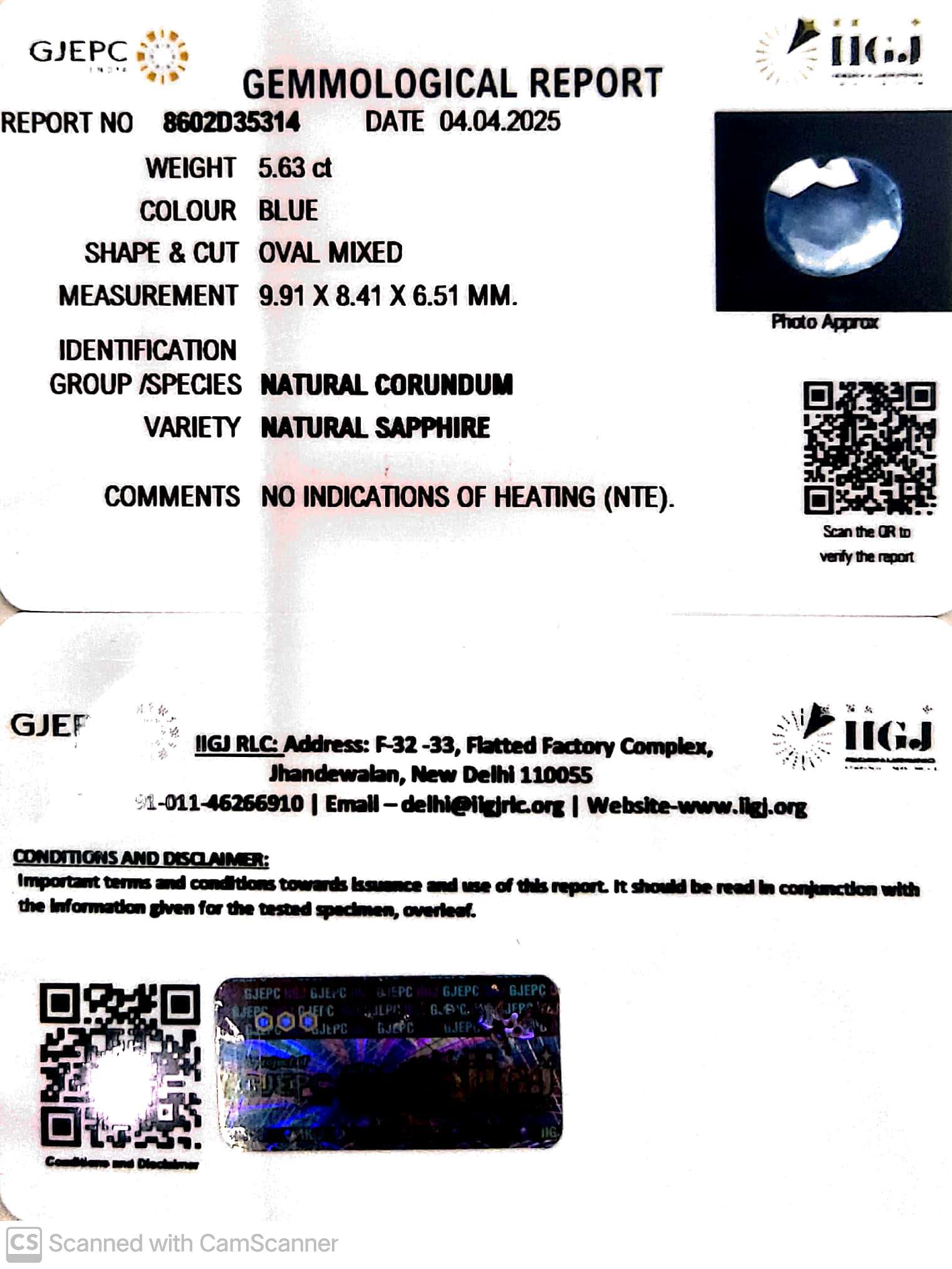 5.63 Carat Natural Blue Sapphire With Govt Lab Certificate - 8602D35314