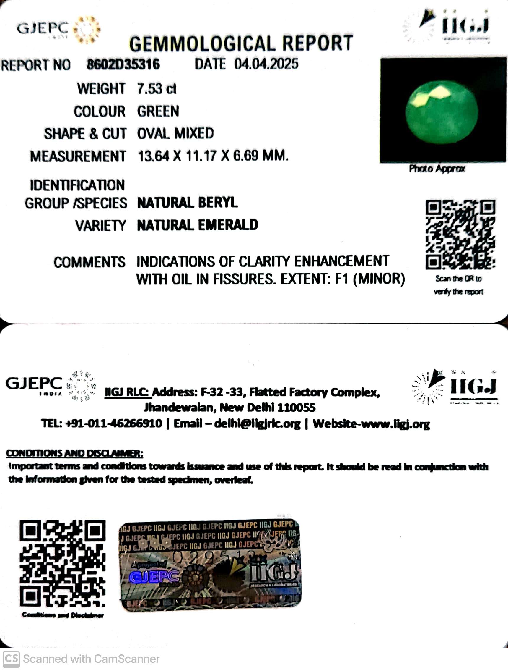 7.53/CT Natural Panna Stone with Govt. Lab Certificate