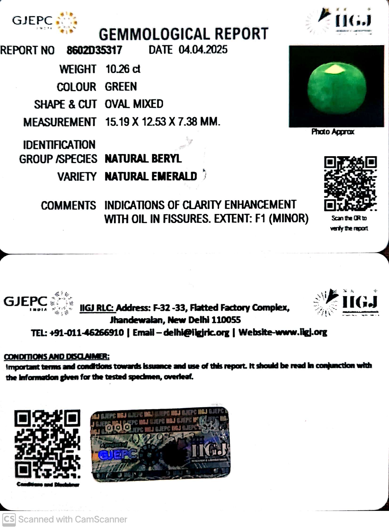 10.26/CT Natural Panna Stone with Govt. Lab Certificate