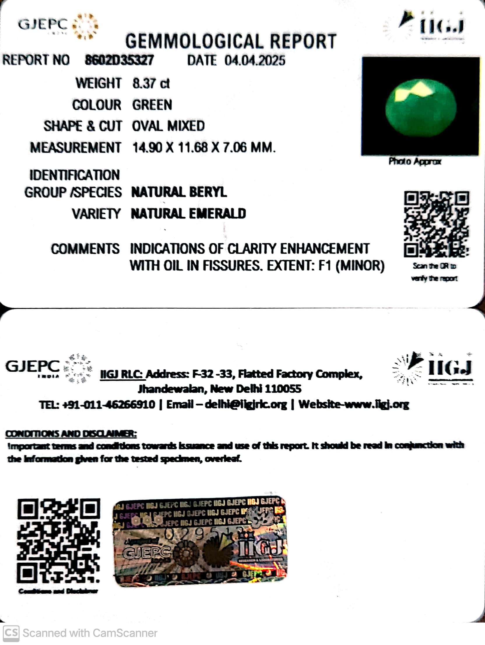 8.37/CT Natural Panna Stone with Govt. Lab Certificate