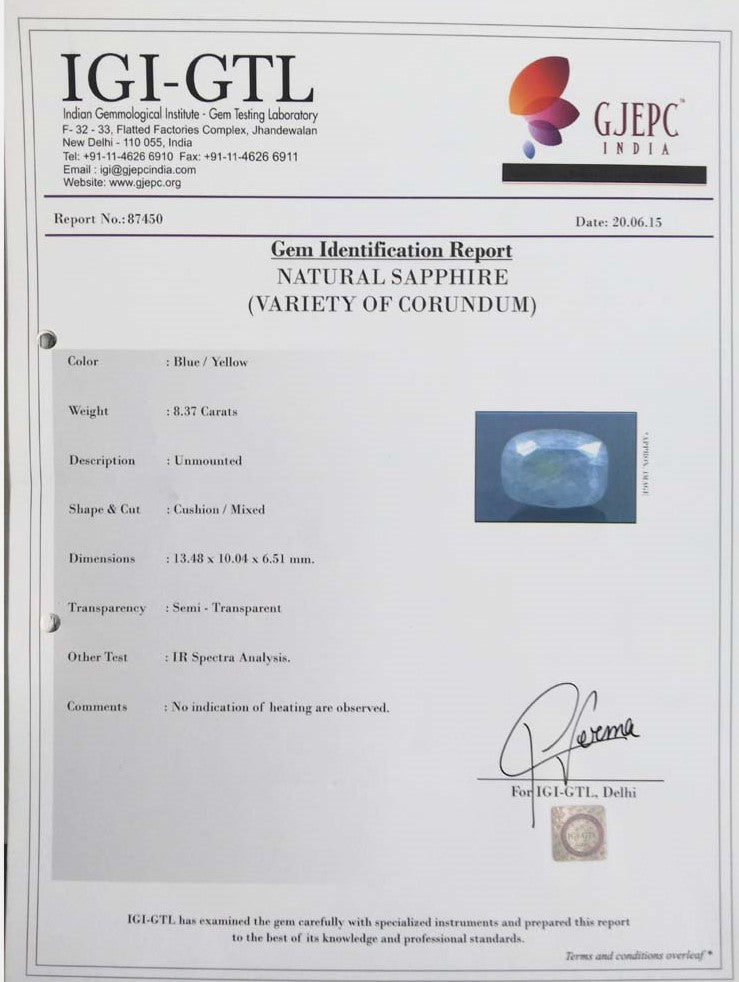 8.37/CT Natural Pitambari Sapphire with Govt. Lab Certificate-87450