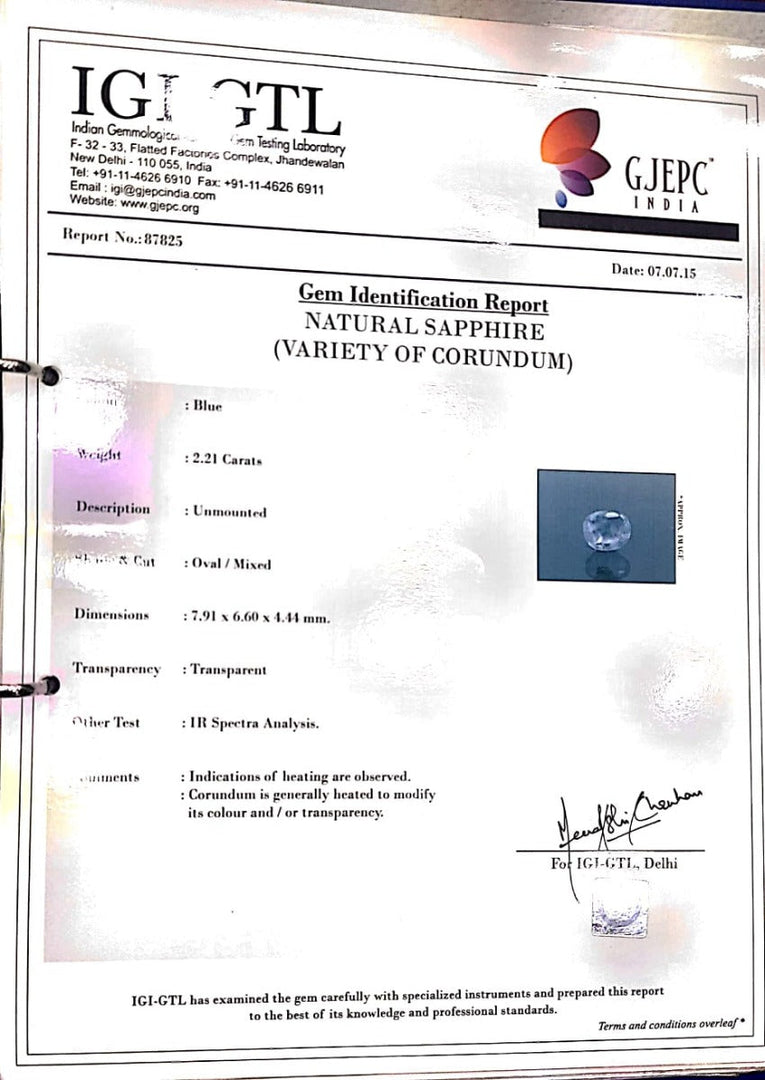 2.21/CT Natural Blue Sapphire with Govt Lab Certificate-BLUSA9R