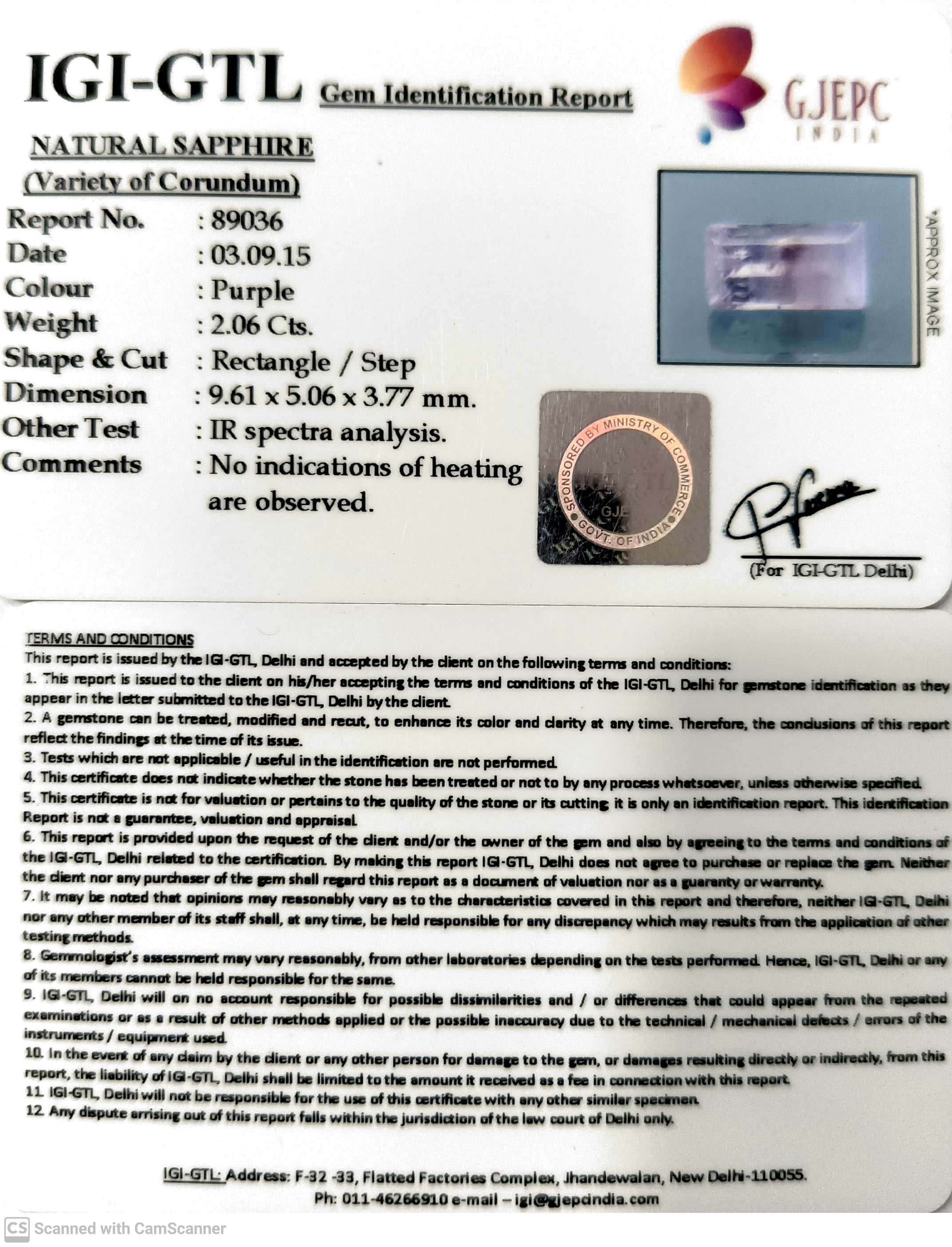 2.06/CT Natural Purple Sapphire with Govt. Lab Certificate-89036