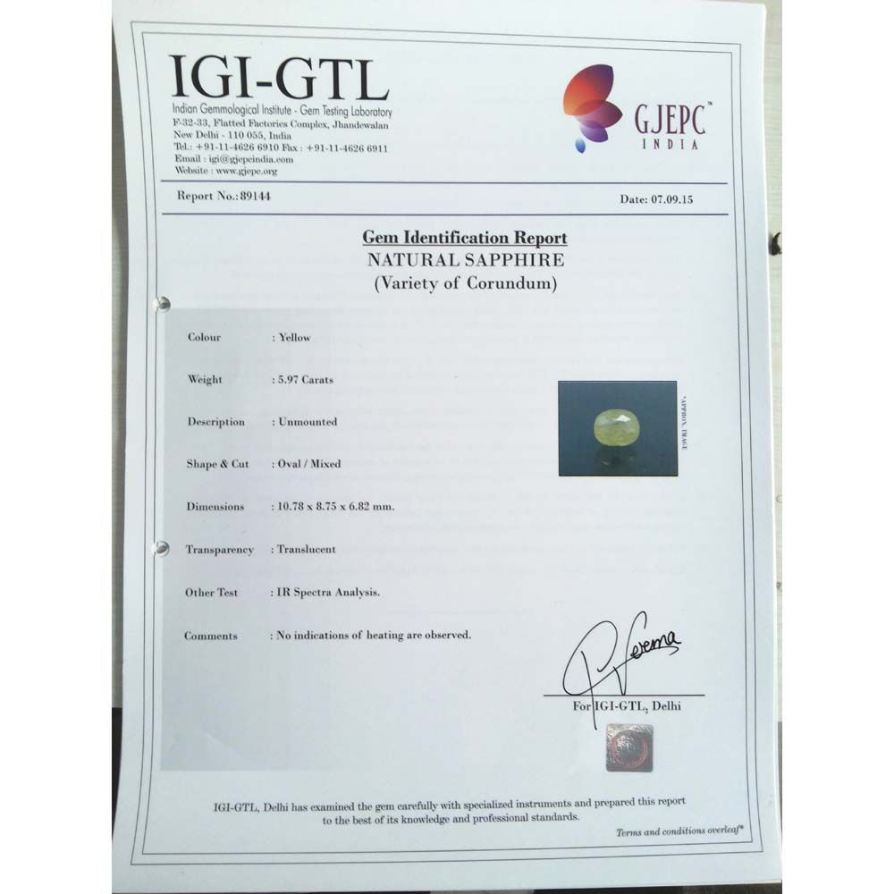 6.63 Ratti Natural yellow sapphire with Govt Lab Certificate-(4100)