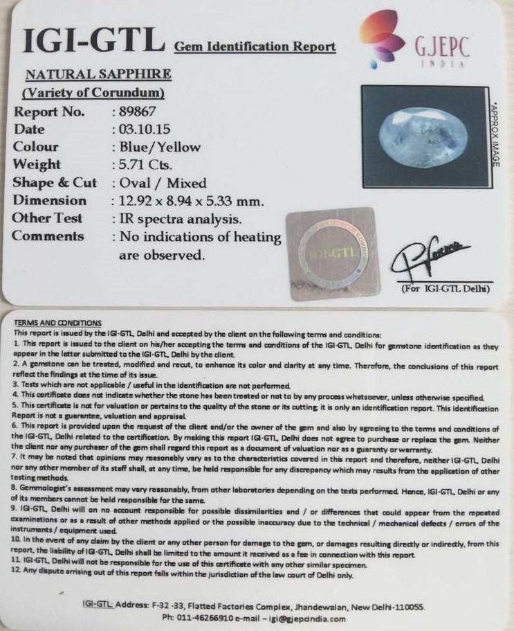 5.71/CT Natural Pitambari Sapphire with Govt Lab Certificate-89867