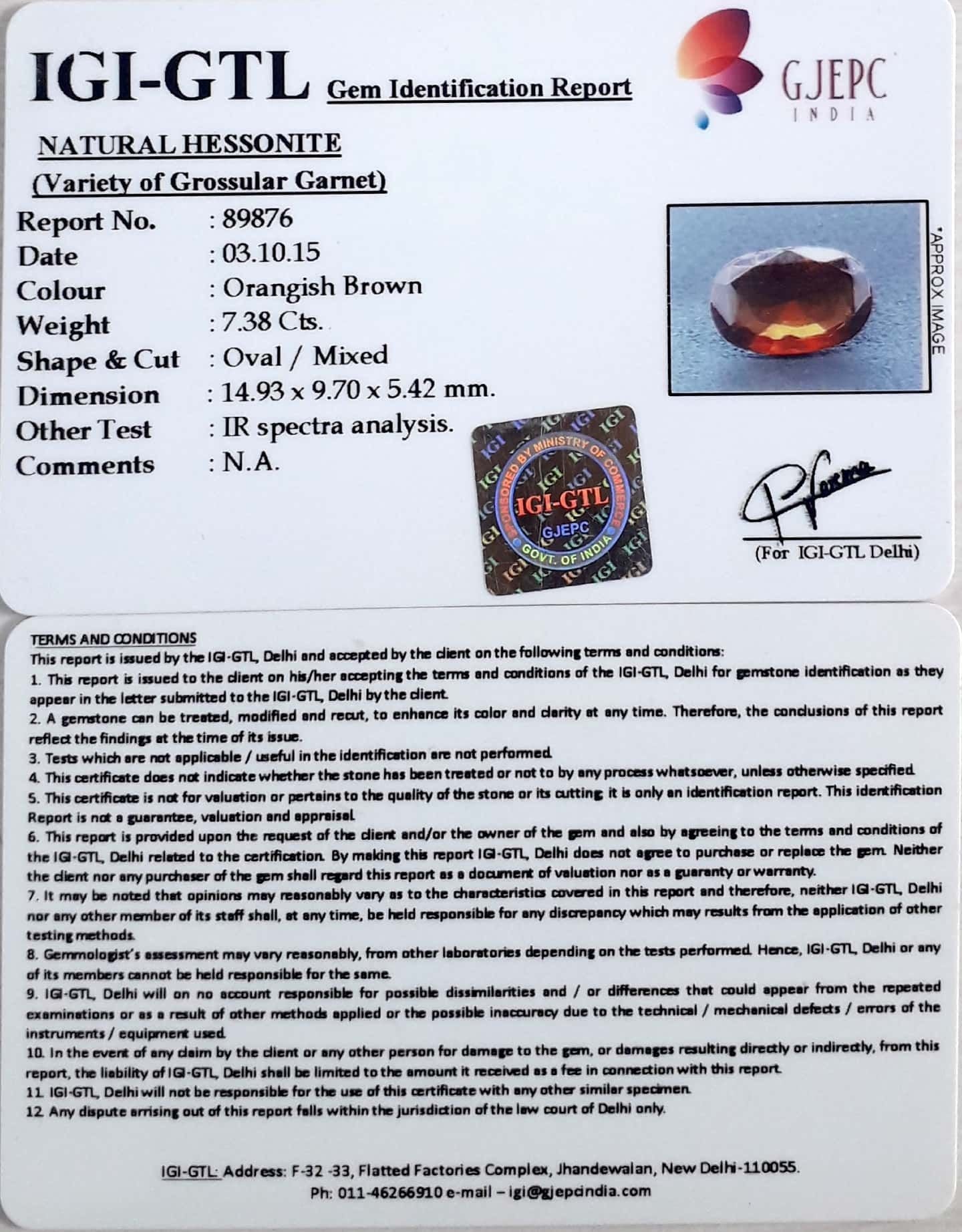 7.38/CT Natural Hessonite with Govt. Lab Certificate