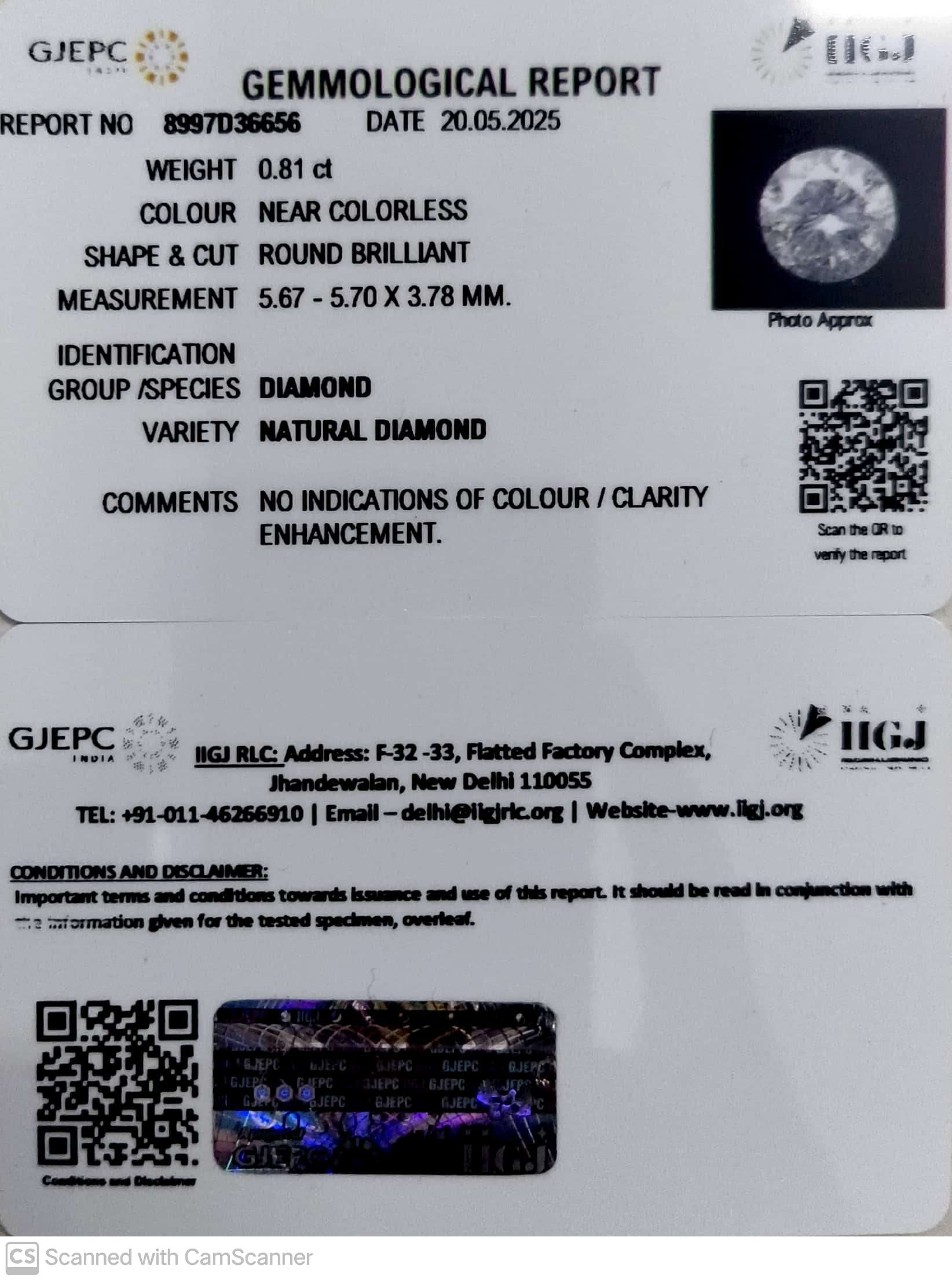 0.81/Cents Natural Diamond with Govt. Lab Certificate-140000