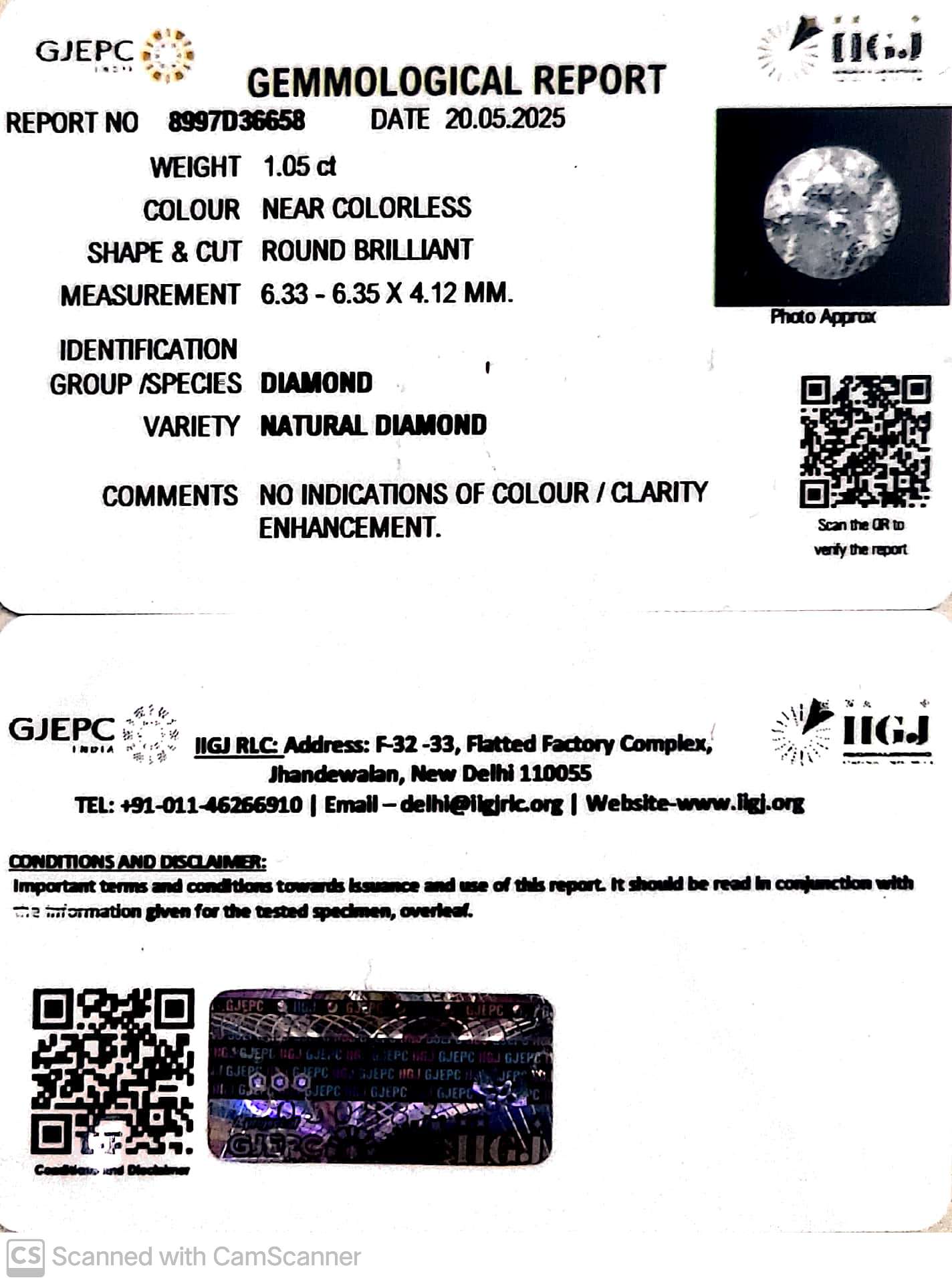 1.05/Cents Natural Diamond with Govt. Lab Certificate-140000