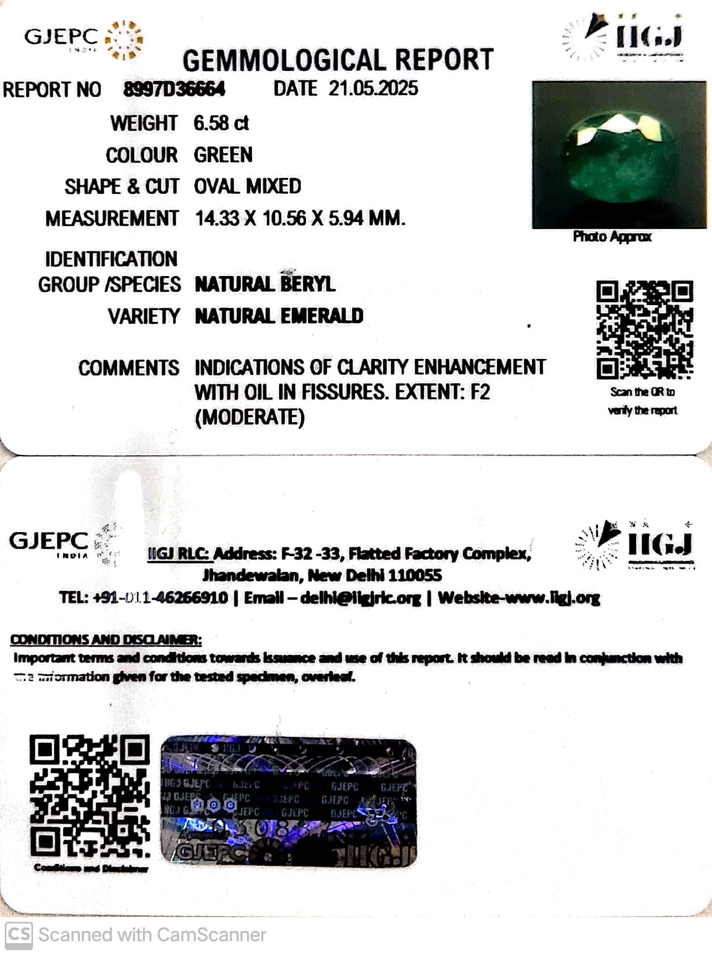 6.58/CT Natural Panna Stone with Govt. Lab Certificate (34410)
