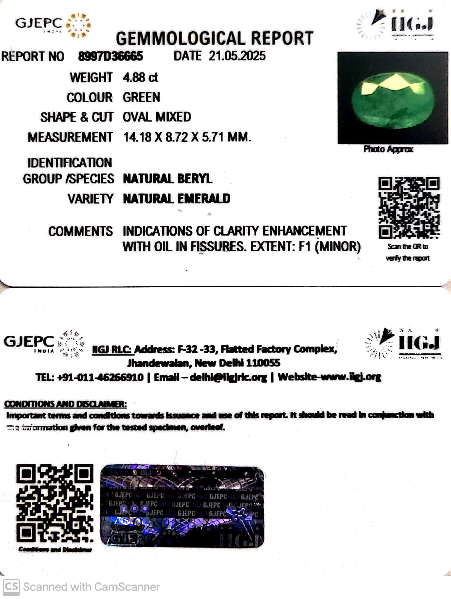 4.88/CT Natural Panna Stone with Govt. Lab Certificate (23310)