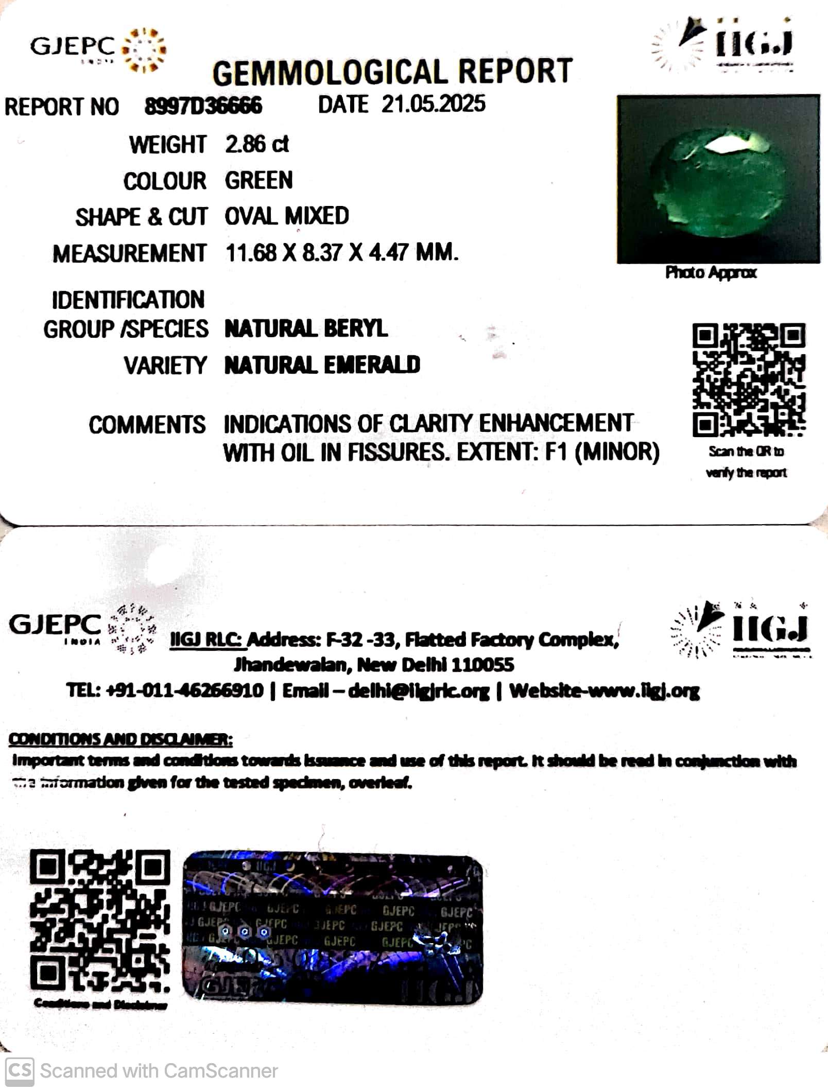 2.86/CT Natural Panna Stone with Govt. Lab Certificate (56610)