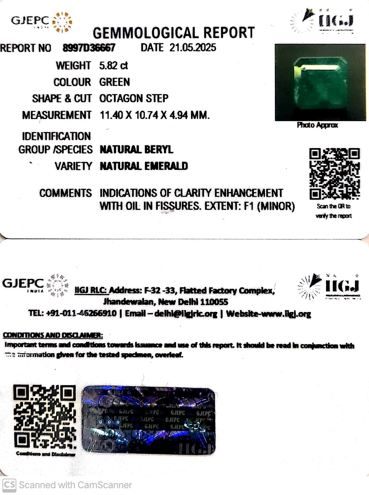 5.82/CT Natural Panna Stone with Govt. Lab Certificate (34410)