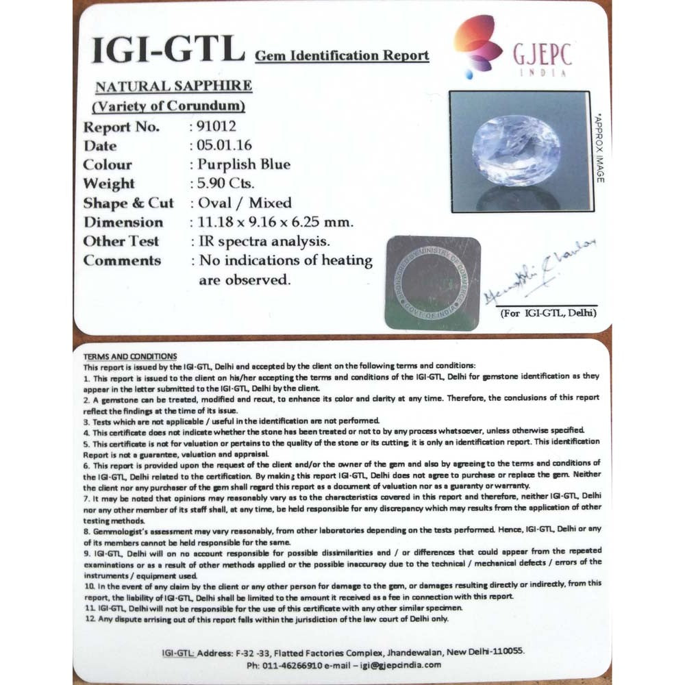 5.90/CT Natural Purple Sapphire with Govt. Lab Certificate-91012