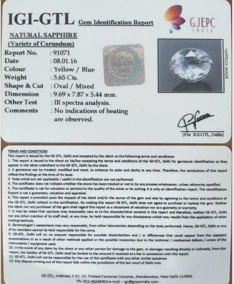 3.65/CT Natural Pitambari Sapphire with Govt Lab Certificate-91071