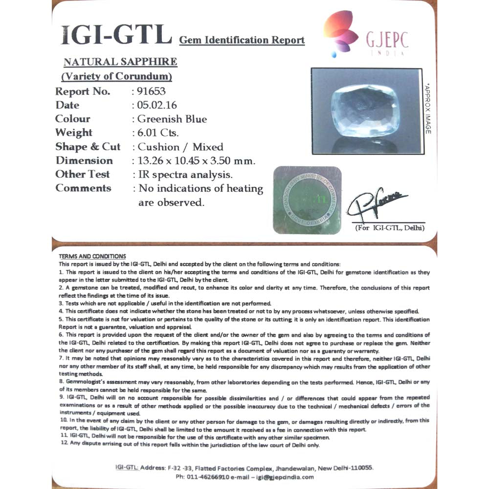 6.01/CT Natural Blue Sapphire with Govt Lab Certificate-BLUSA9U