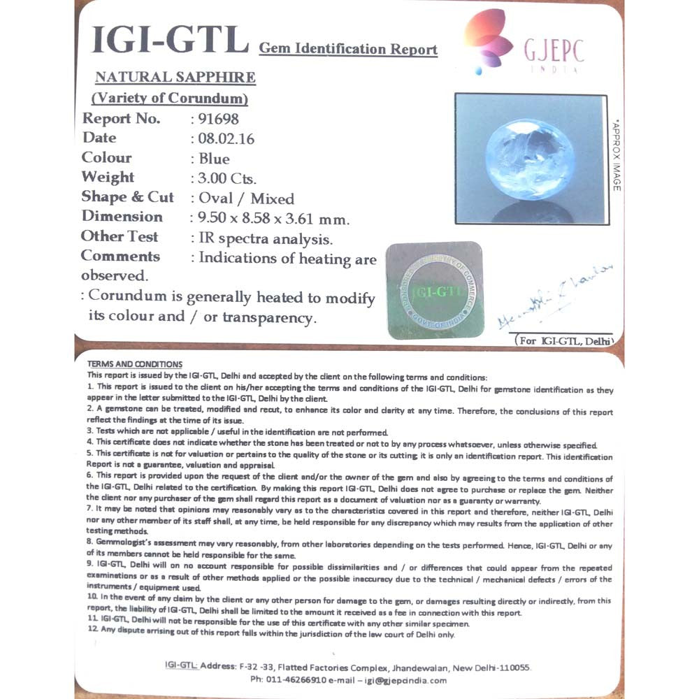 3.00/CT Natural Blue Sapphire with Govt Lab Certificate-BLUSA9T