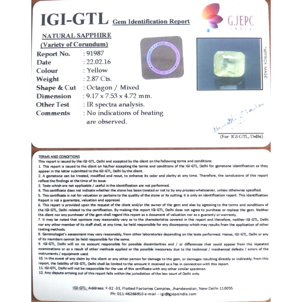 2.87CT Natural Yellow Sapphire with Govt Lab Certificate-23310