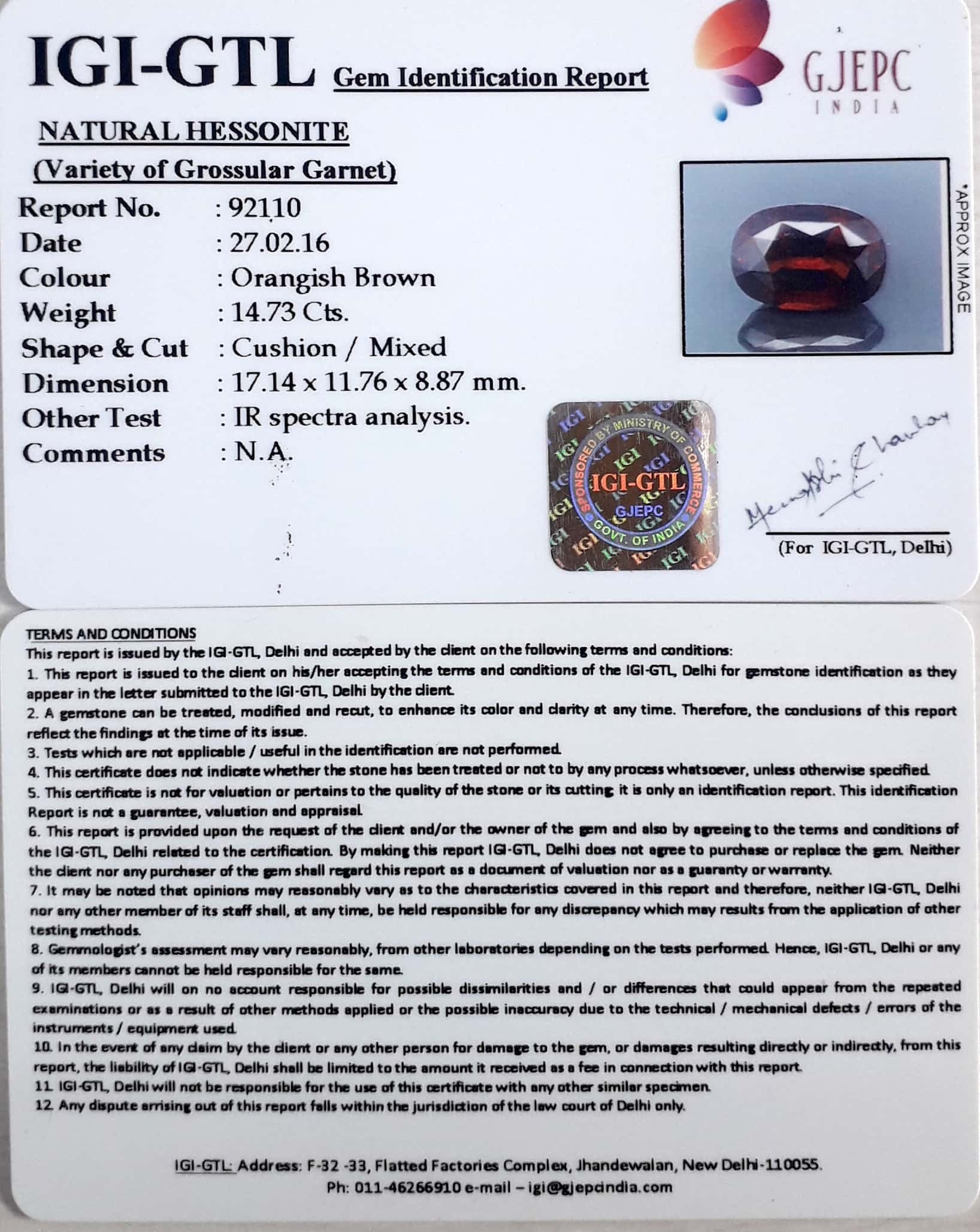 14.73/CT Natural Govt. Lab Certified Ceylonese Gomed