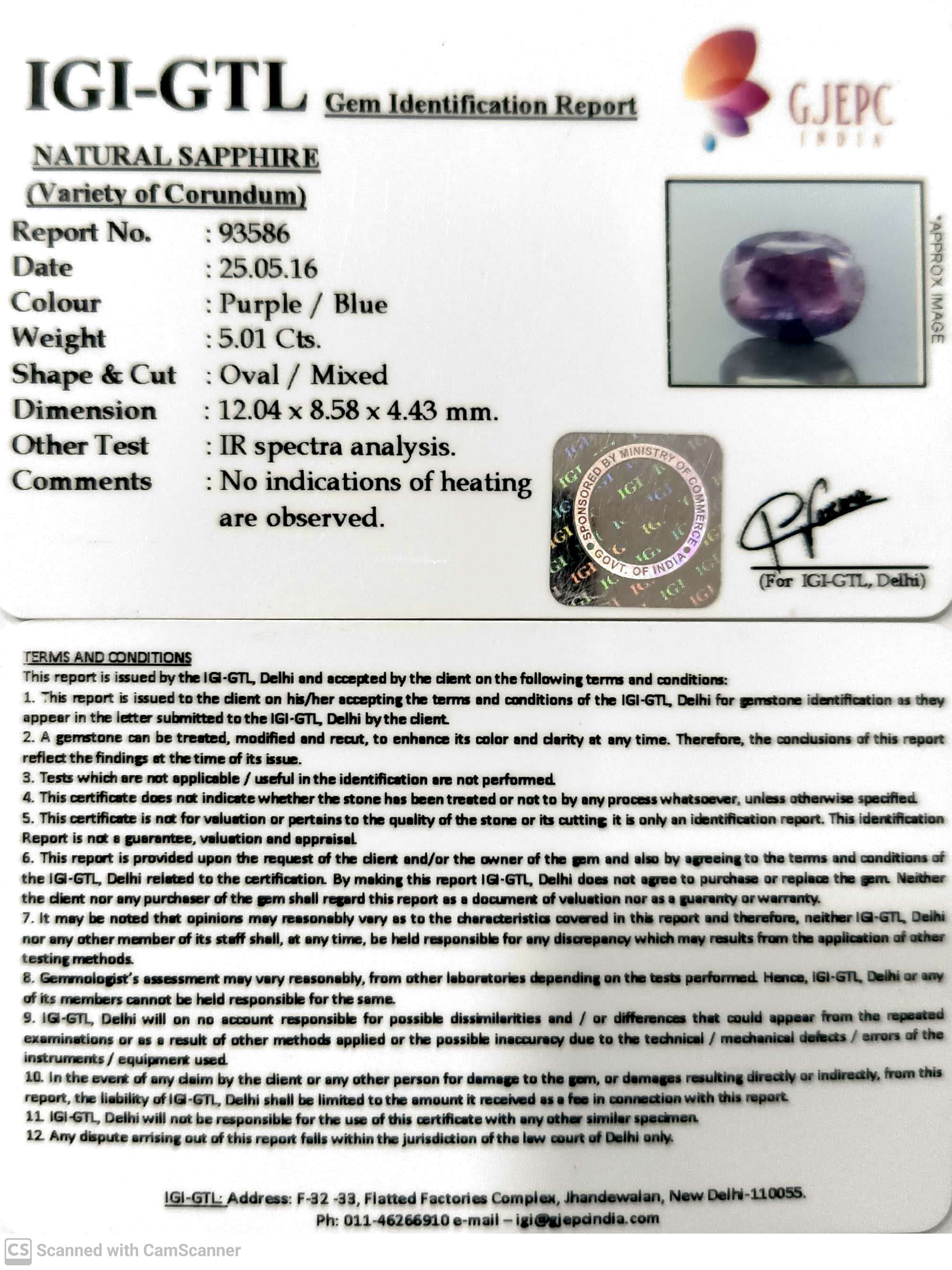 5.01/CT Natural Purple Sapphire with Govt. Lab Certificate-93586