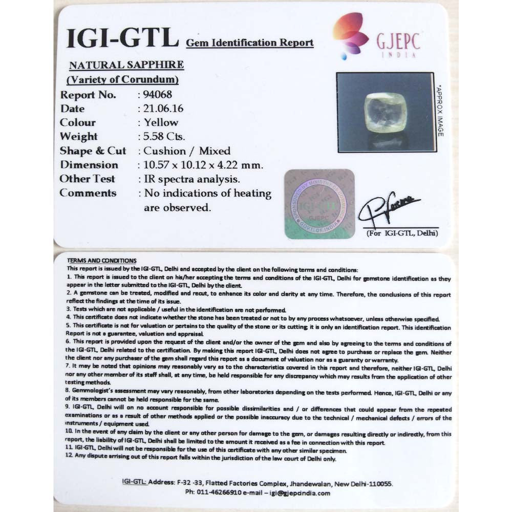 5.58/CT Yellow Sapphire with Govt Lab Certified-YELSA9U