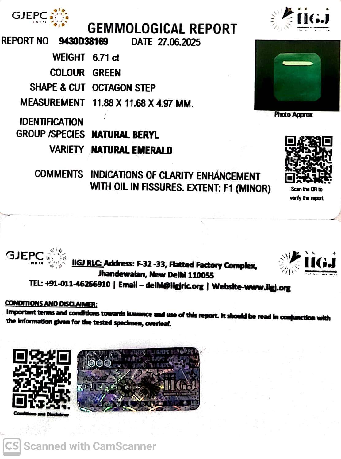 6.71/CT Natural Panna Stone with Govt. Lab Certificate (8991)