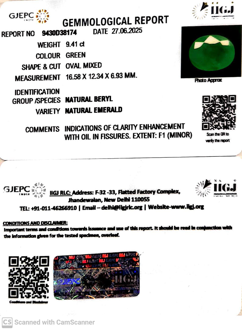 9.41/CT Natural Panna Stone with Govt. Lab Certificate (4551)