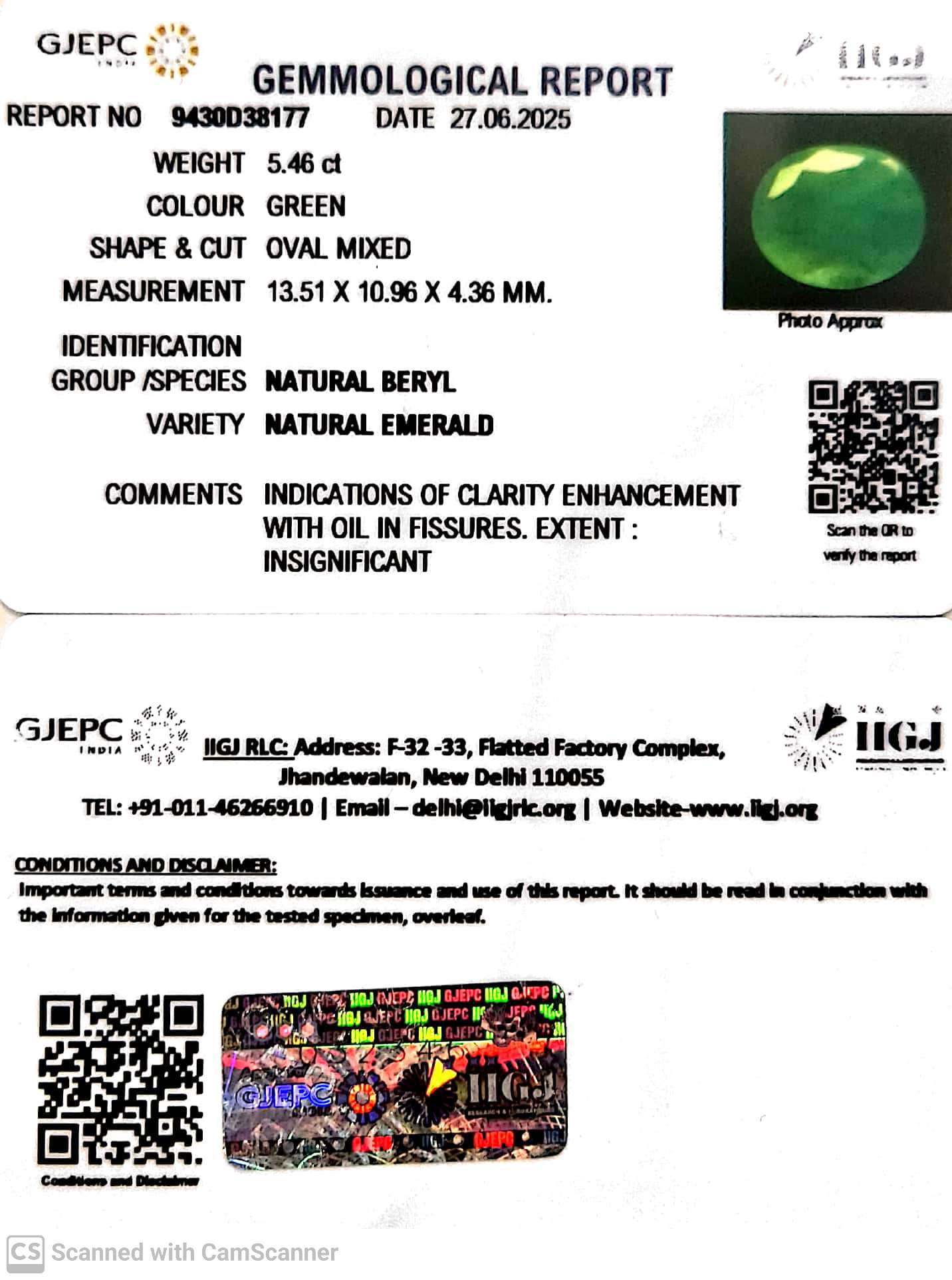 5.46/CT Natural Panna Stone with Govt. Lab Certificate (6771)