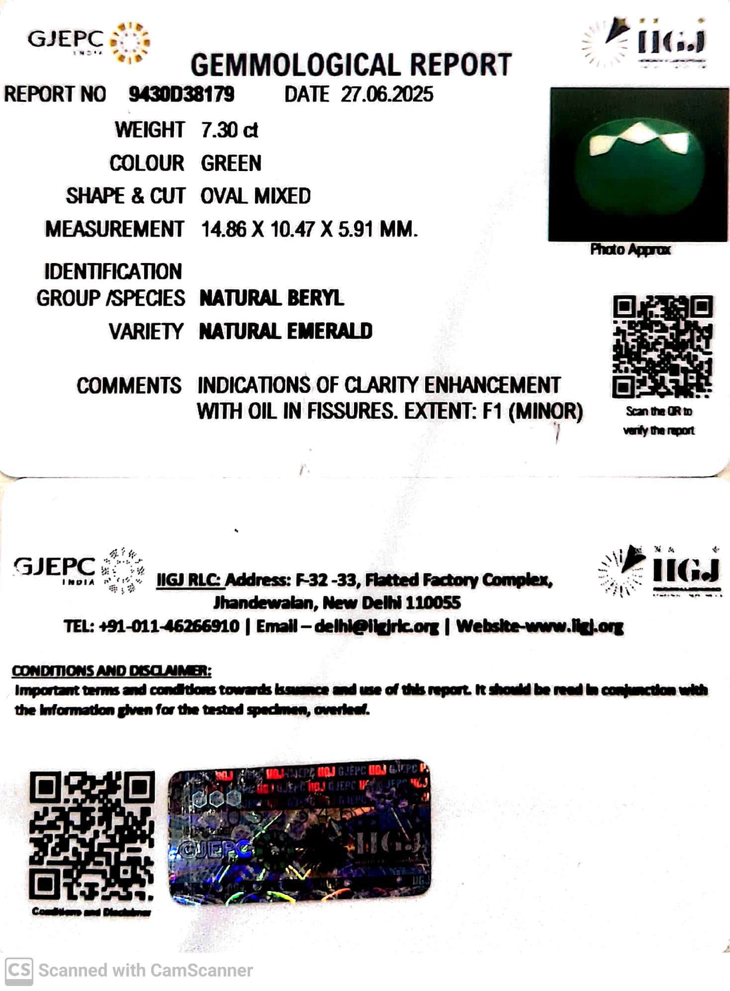 7.30/CT Natural Panna Stone with Govt. Lab Certificate (8991)