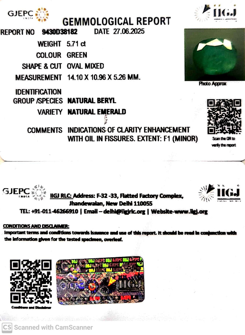 5.71/CT Natural Panna Stone with Govt. Lab Certificate (4551)