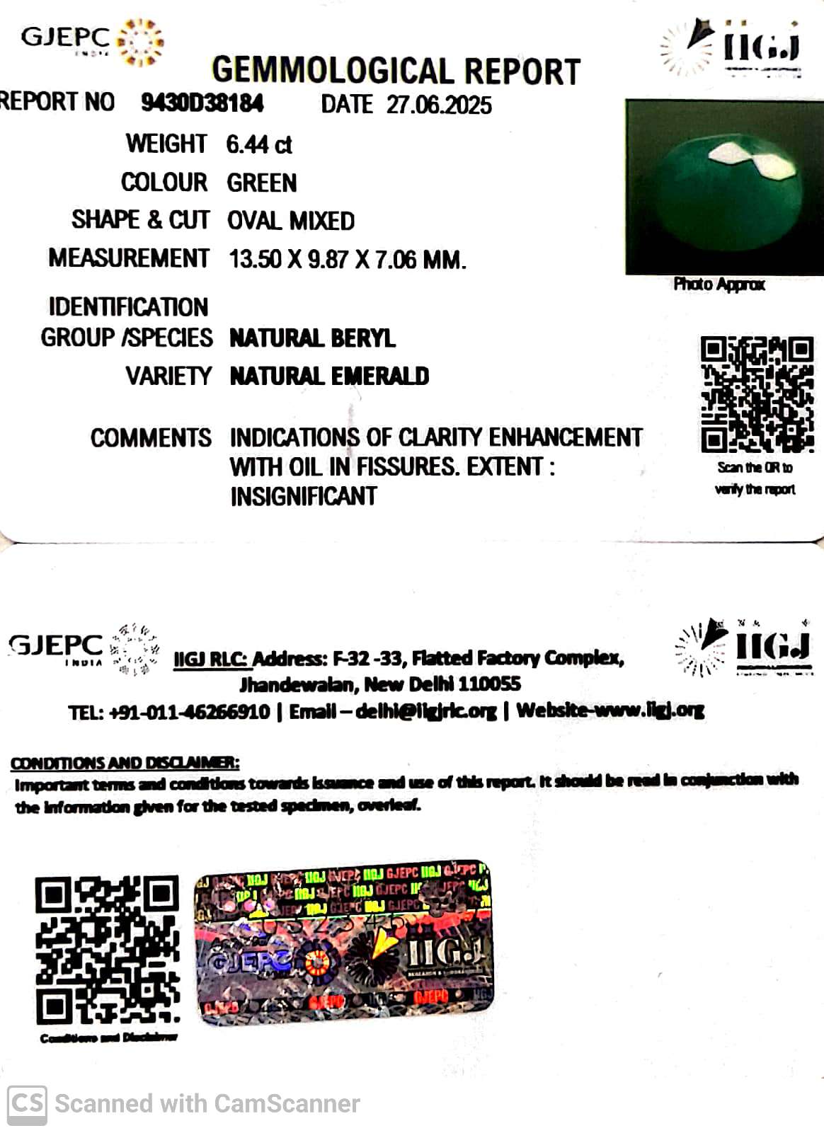 6.44/CT Natural Panna Stone with Govt. Lab Certificate (8991)