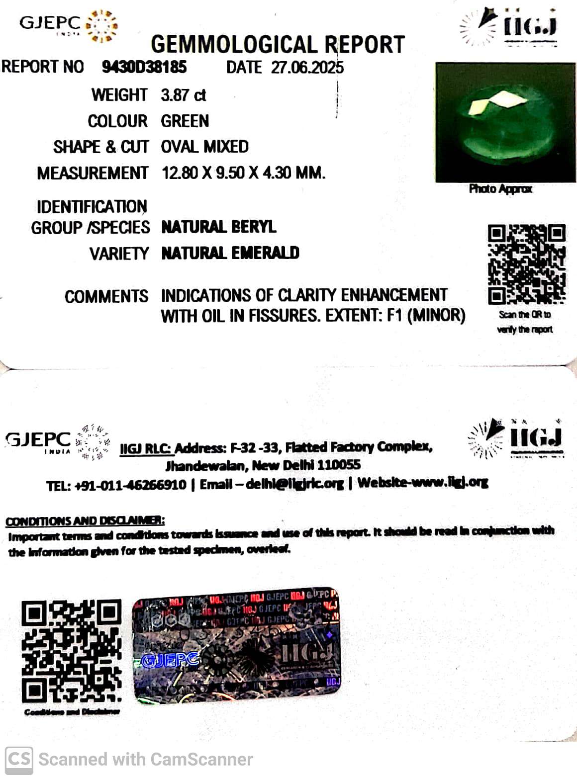 3.87/CT Natural Panna Stone with Govt. Lab Certificate (34410)