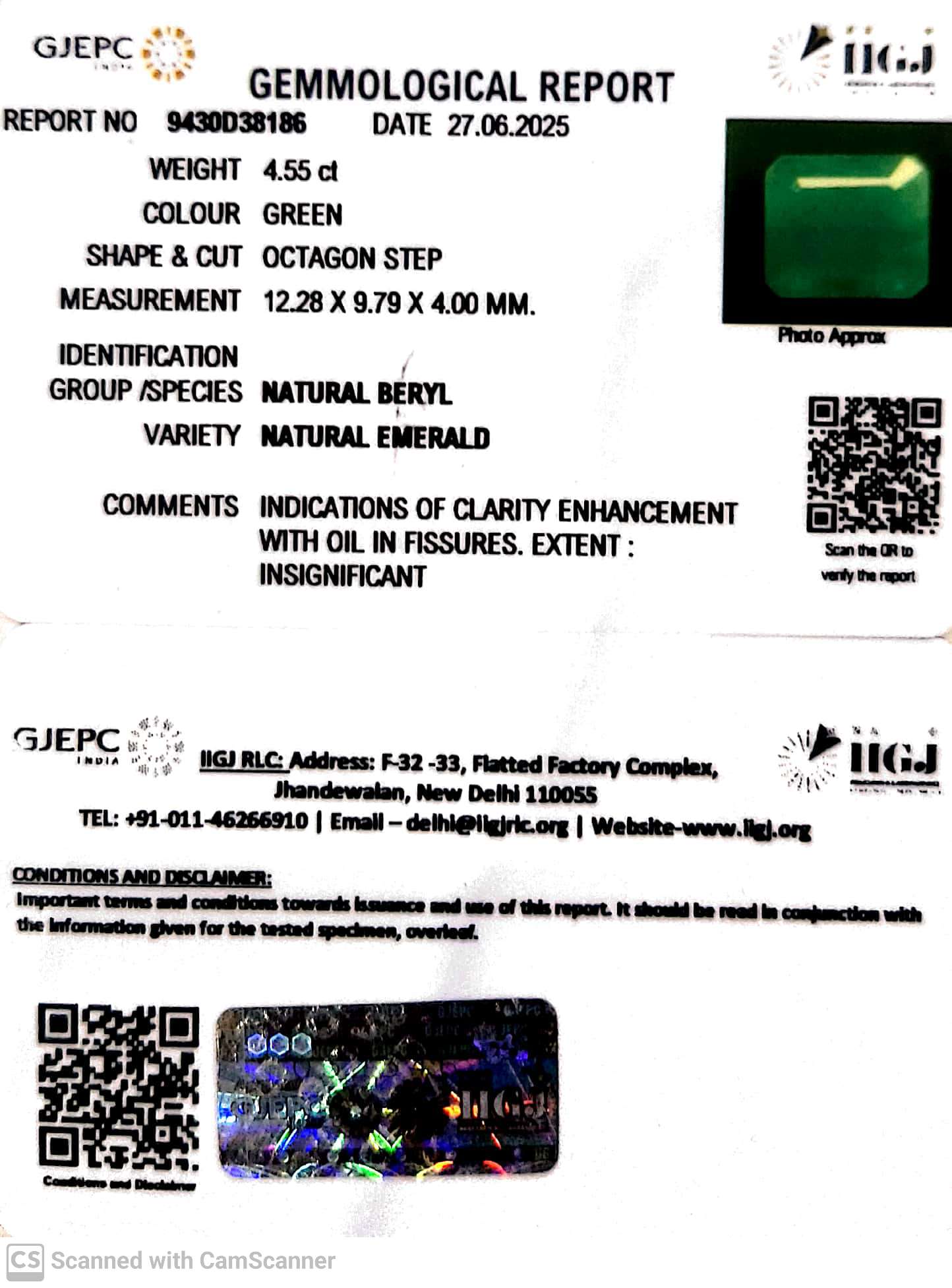 4.55/CT Natural Panna Stone with Govt. Lab Certificate (6771)